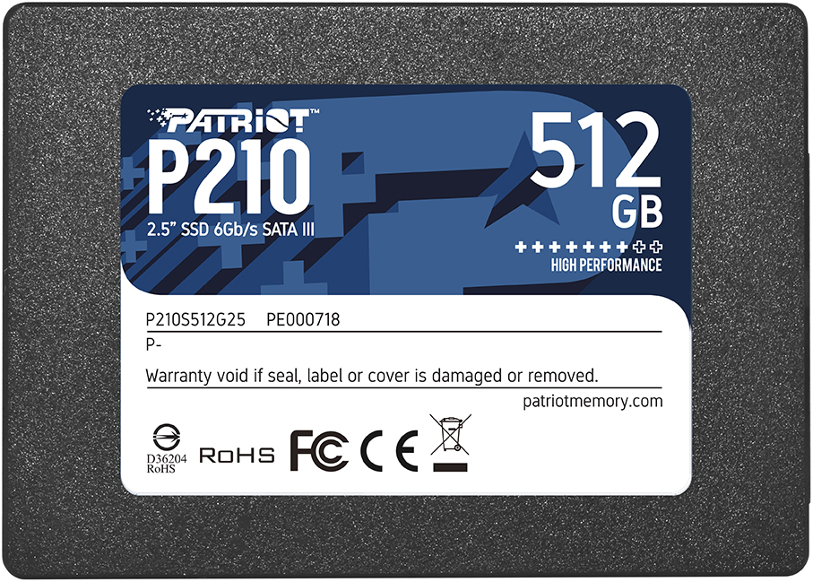 Egy SSD-meghajtó címkéje a Patriot logóval, a termék részleteivel és egy figyelmeztetéssel.