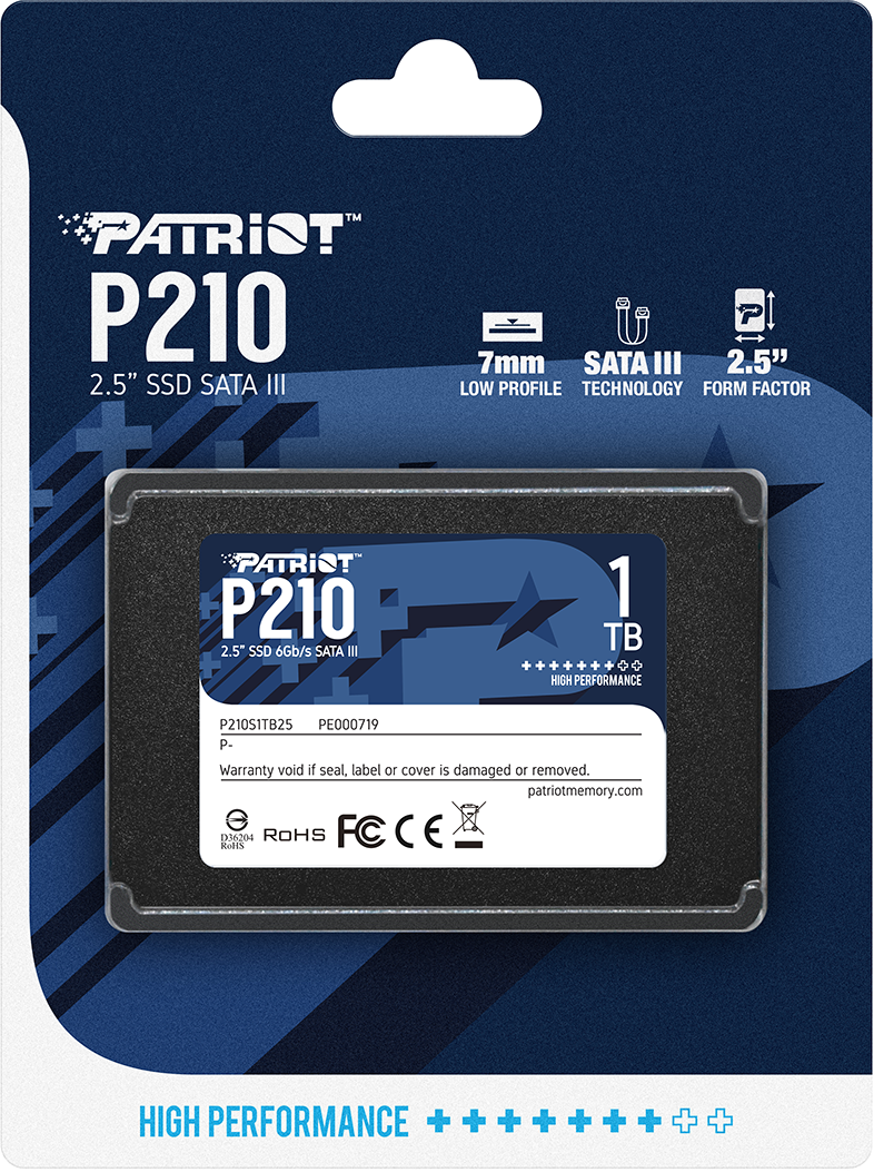P210 feliratú SSD meghajtó csomag. Kék és fekete, a termék leírásával.