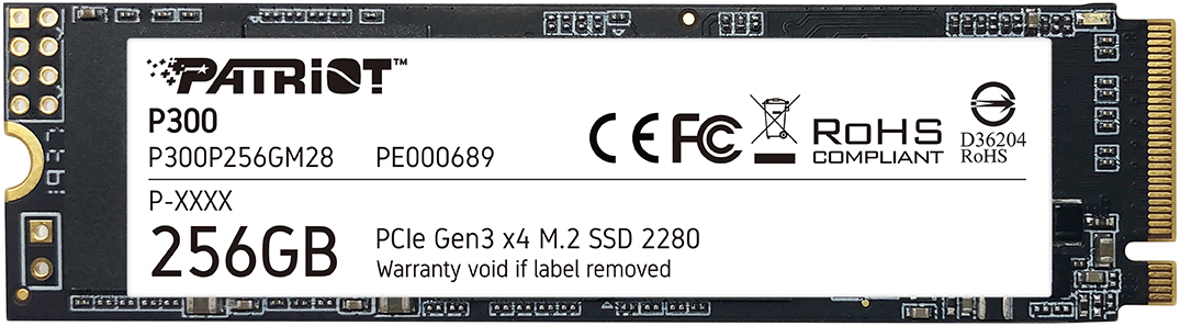 Fekete SSD meghajtó fehér címkével: Patriot P300. Szöveg és logók láthatók.