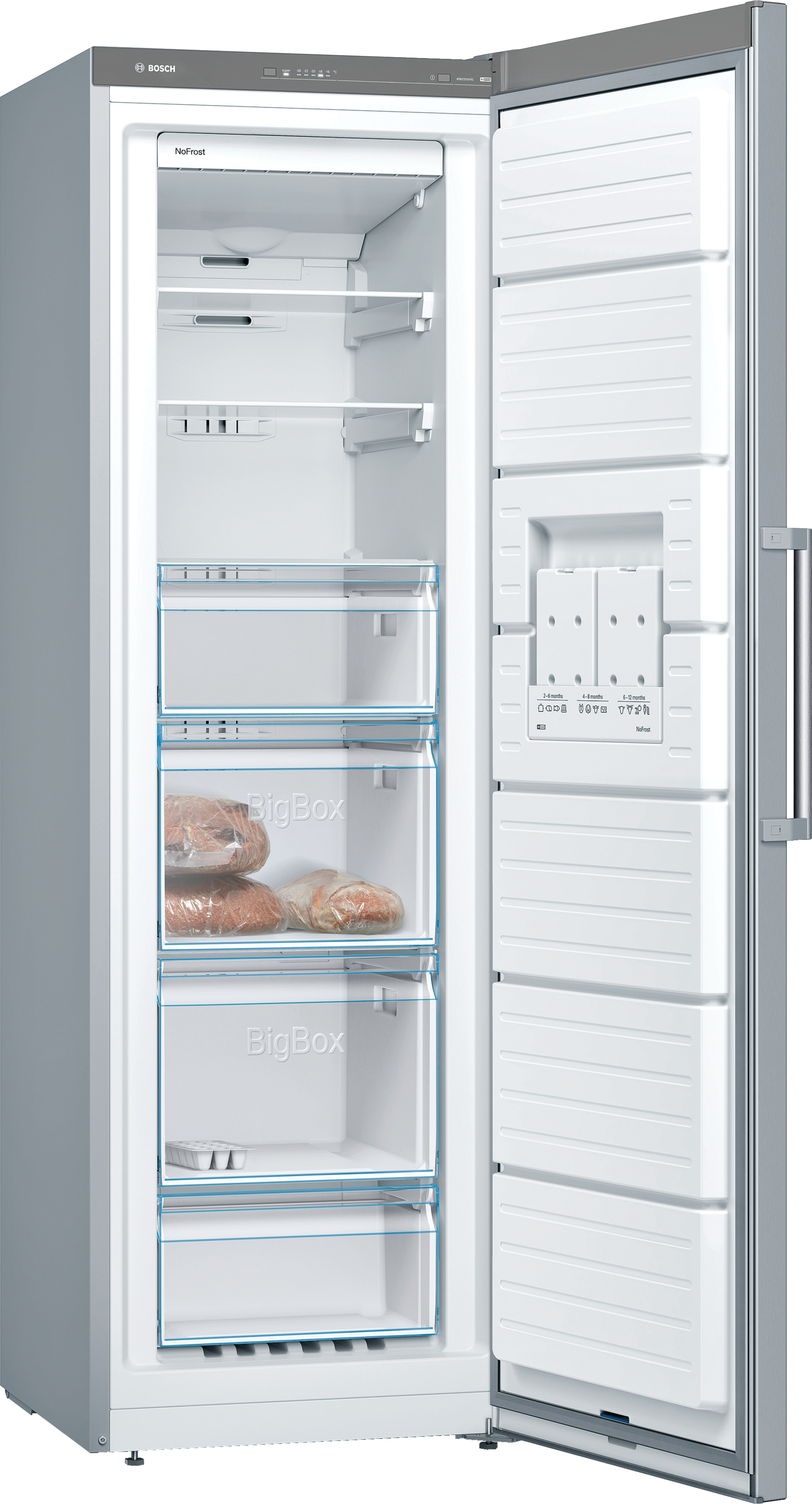 Geöffneter silberner Kühlschrank mit Regalen und Schubladen. Enthält Lebensmittel in den Schubladen.