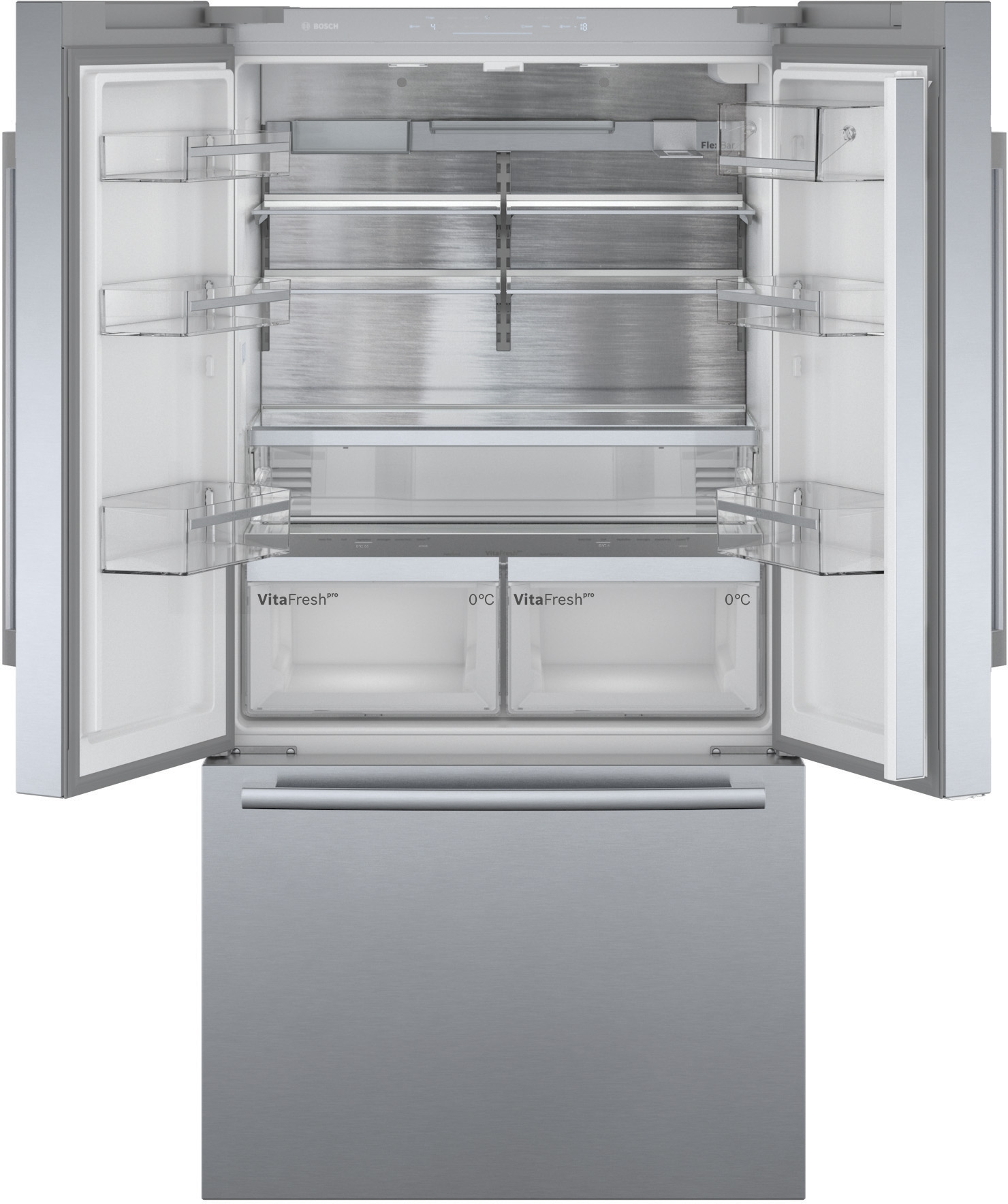 Edelstahlkühlschrank mit geöffneten Türen, Innenansicht.