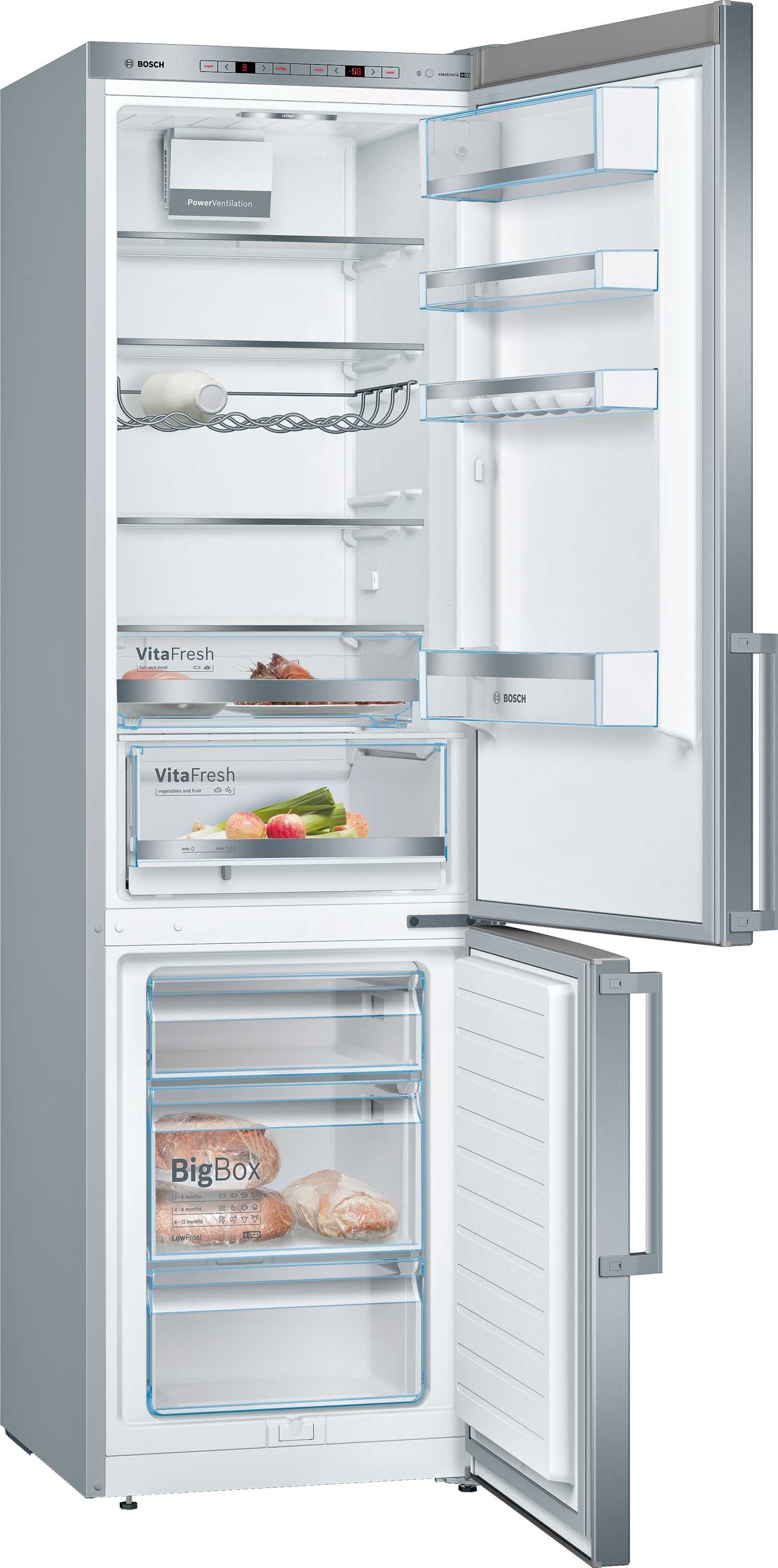 Geöffneter Bosch-Kühlschrank aus Edelstahl, zeigt Regale mit Essen auf weißem Hintergrund.