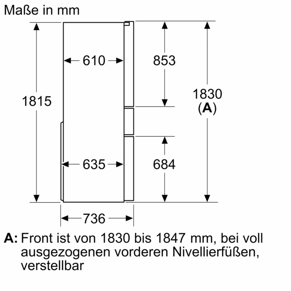 Diagramm mit Abmessungen eines Kühlschranks in Millimetern.