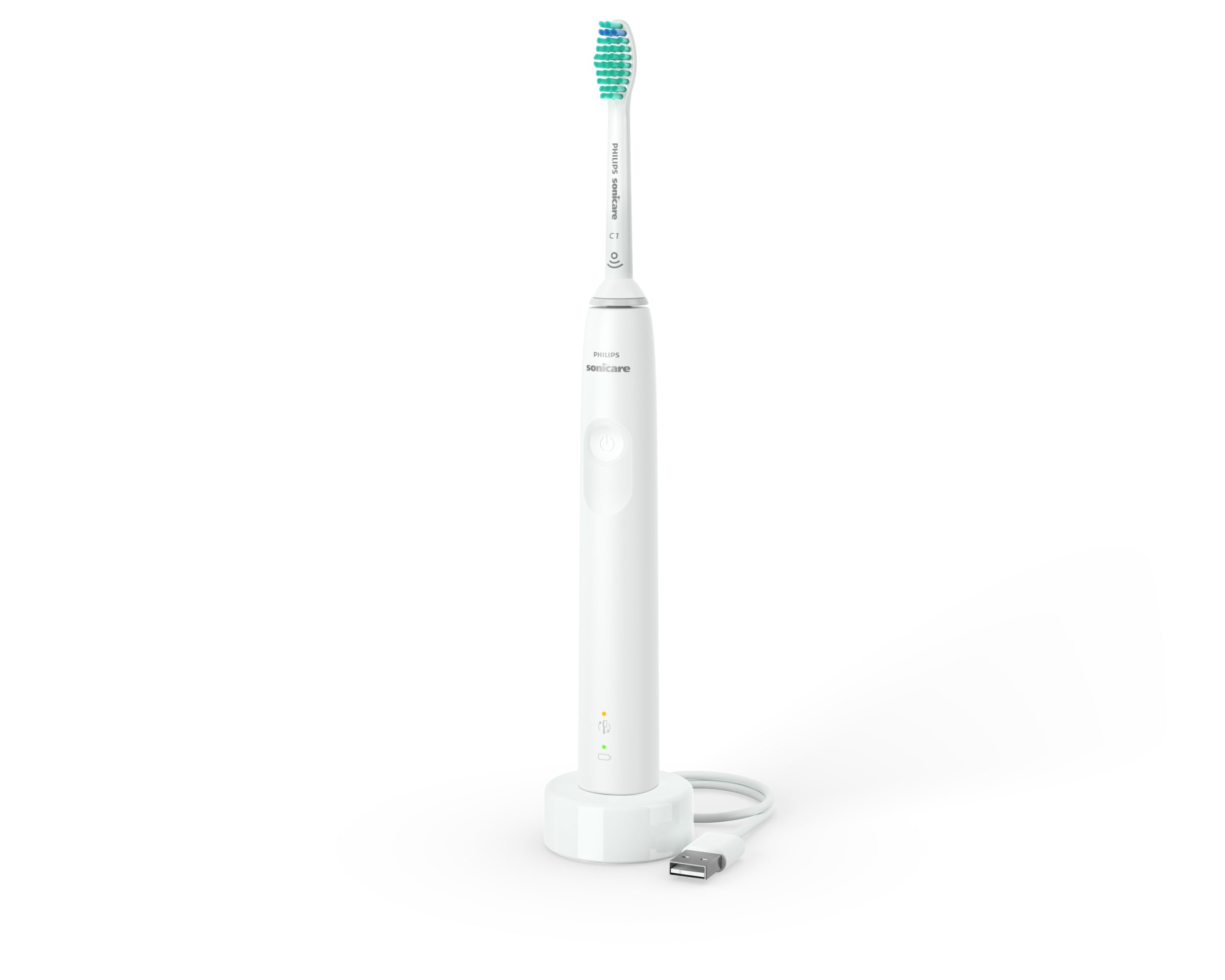 Brosse à dents Philips Sonicare blanche avec socle de chargement et câble USB.