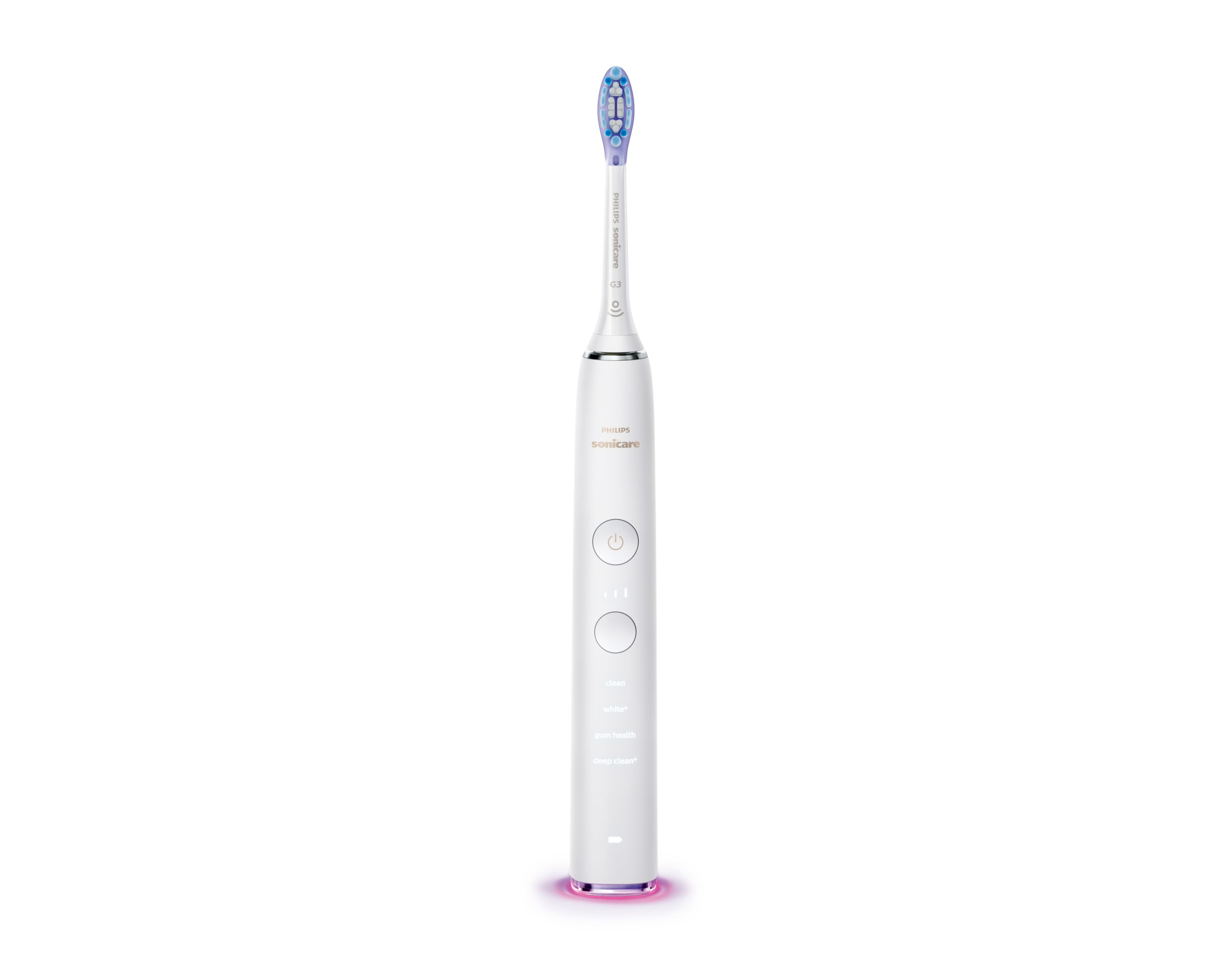 Een witte Philips Sonicare tandenborstel, met een blauwe en paarse opzetborstel.