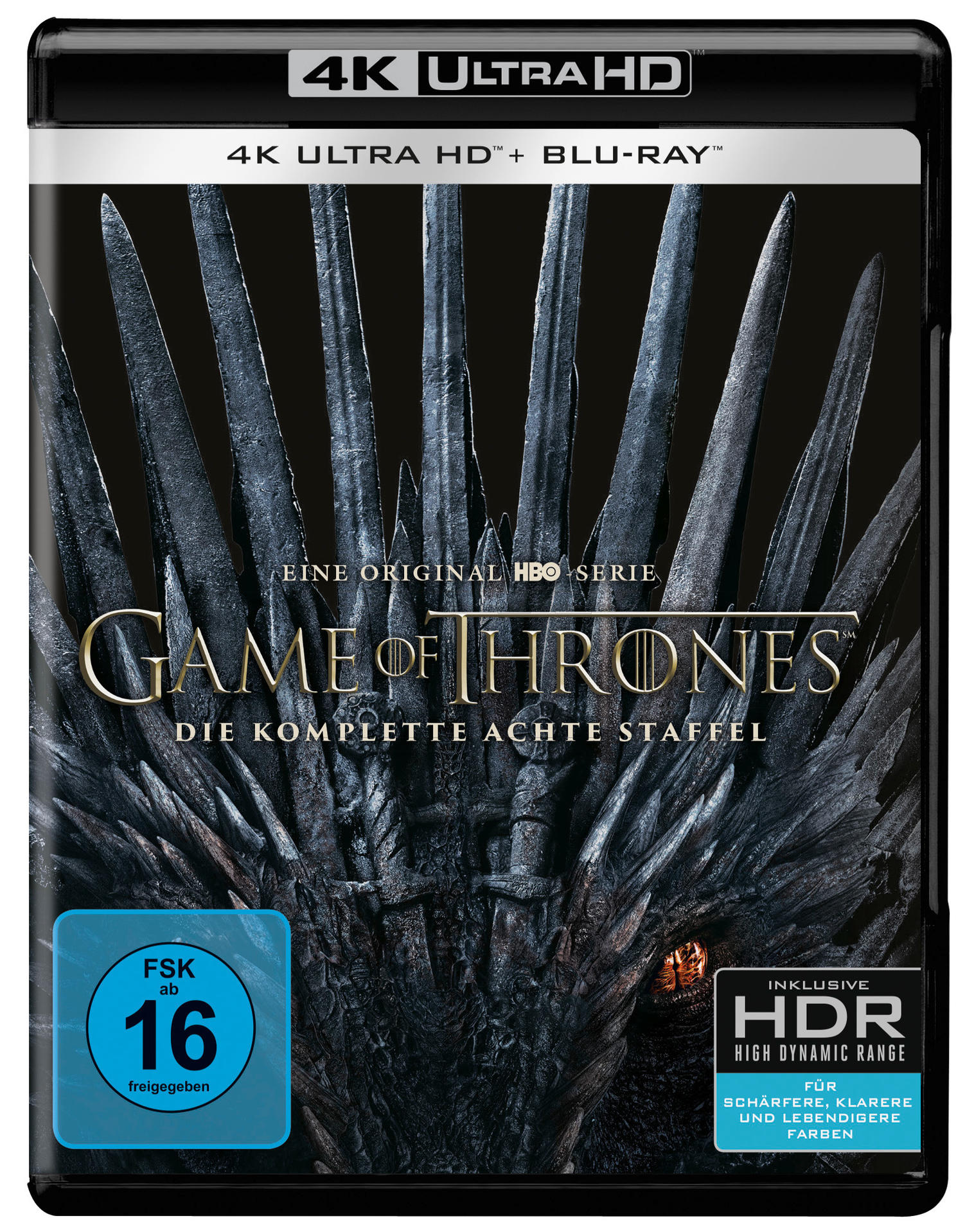 Game of Thrones Blu-ray Box-Set, Cover mit Thron und Text.