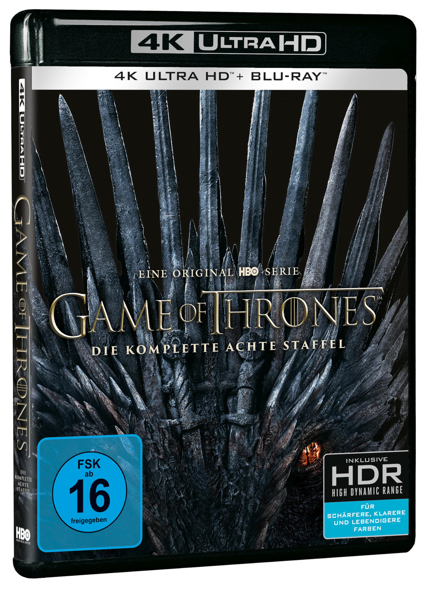 Game of Thrones Blu-ray-Cover, Staffel acht, mit dem Eisernen Thron und HBO-Logo.