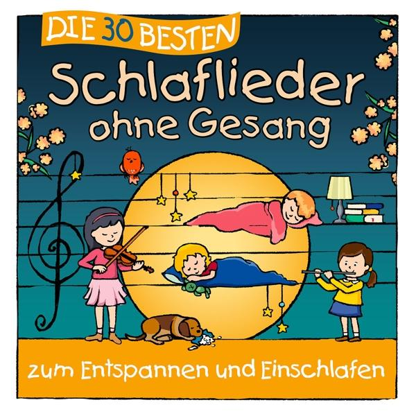 Kinderillustration: Kinder und Noten, schlafen und Musik spielen. Gelber Kreis, blauer Nachthimmel.