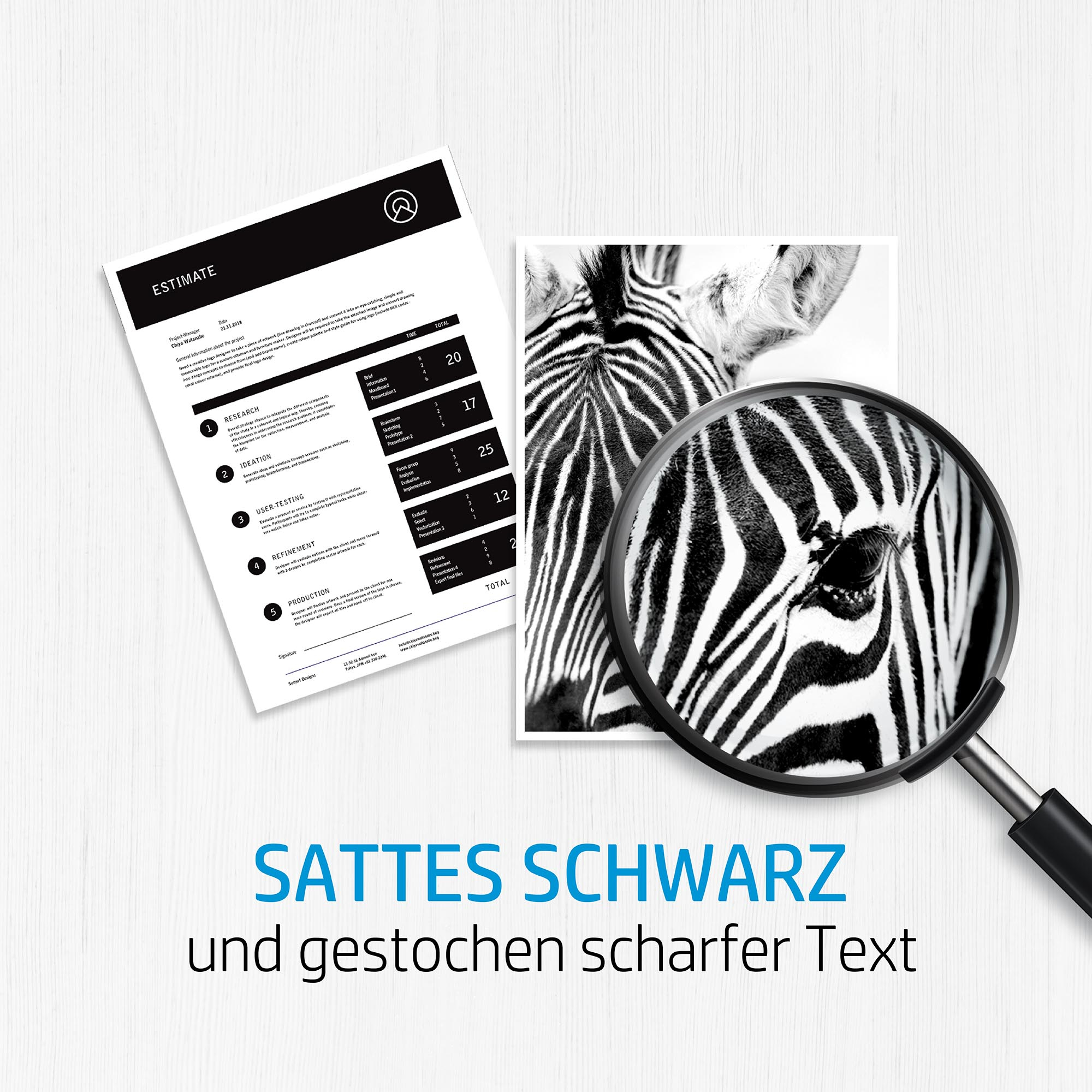Zebradruck und ein Kostenvoranschlag mit einer Lupe. Der Text lautet 'Sattes Schwarz'.