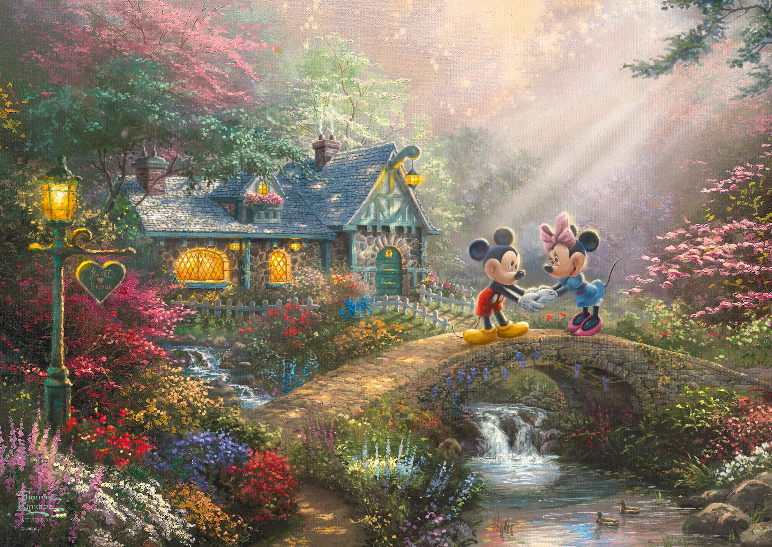 Micky und Minnie Maus auf einer Steinbrücke in einer bunten, idyllischen Disney-Szene.