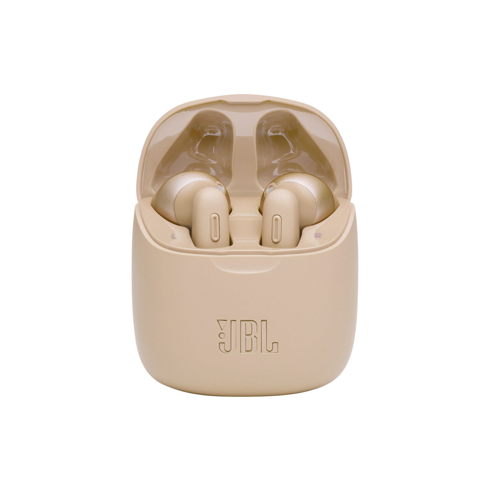 Eşleşen şarj kutusunda bej kulaklıklar, kutuda JBL logosu.
