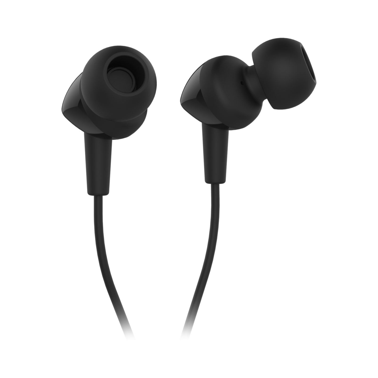 Siyah arka plan üzerinde, şık tasarımlı iki siyah kulak içi kulaklık.