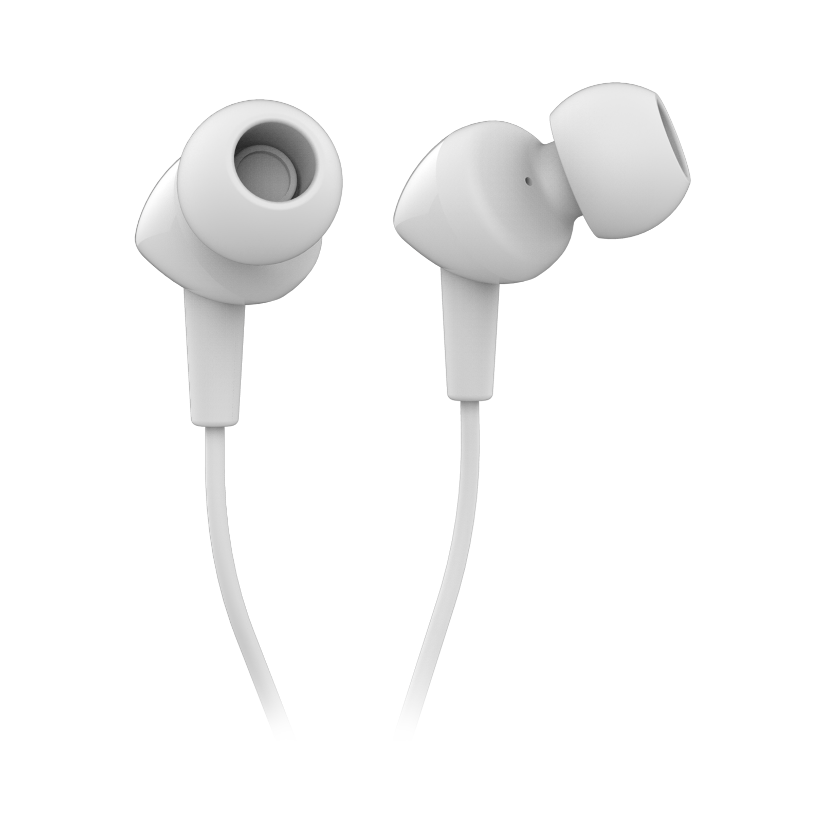 Siyah zemin üzerinde beyaz kablolu beyaz kulaklıklar.