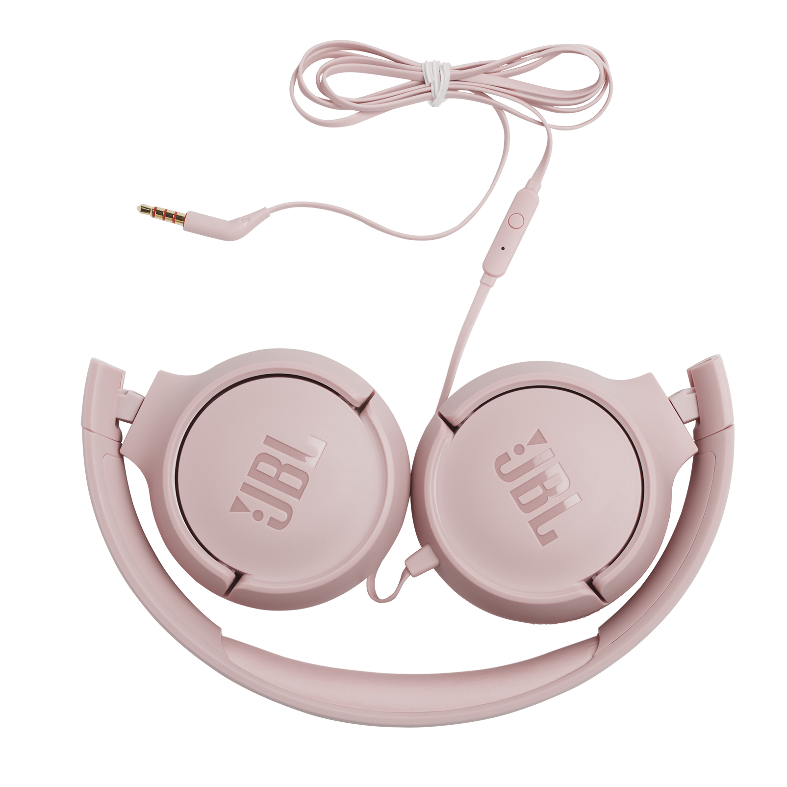 Pembe JBL kulaklık, katlanmış, pembe kablo ve 3,5 mm jak ile siyah arka plan üzerinde.