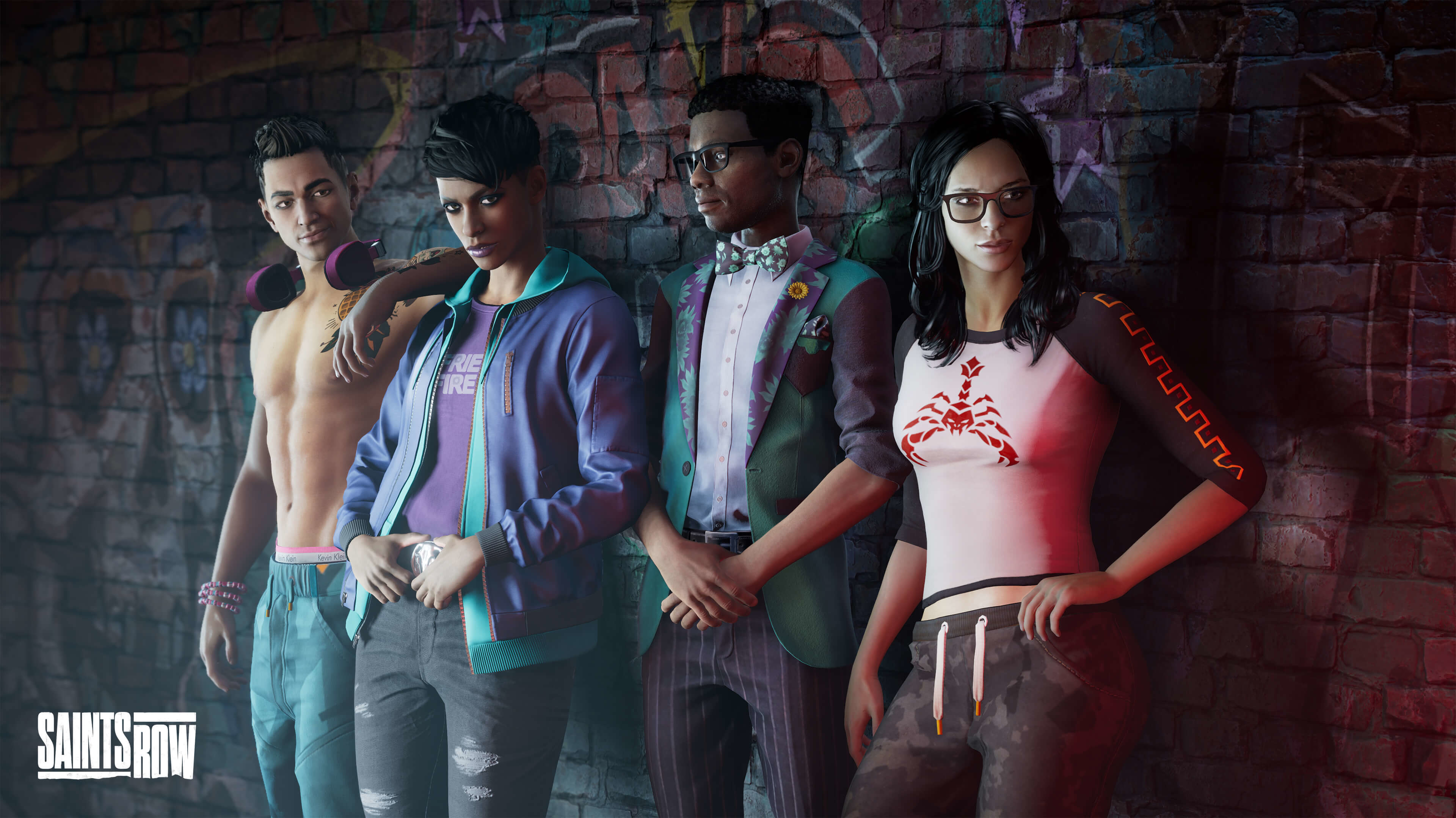 Quatre personnes devant un mur de graffiti, publicité pour le jeu Saints Row.