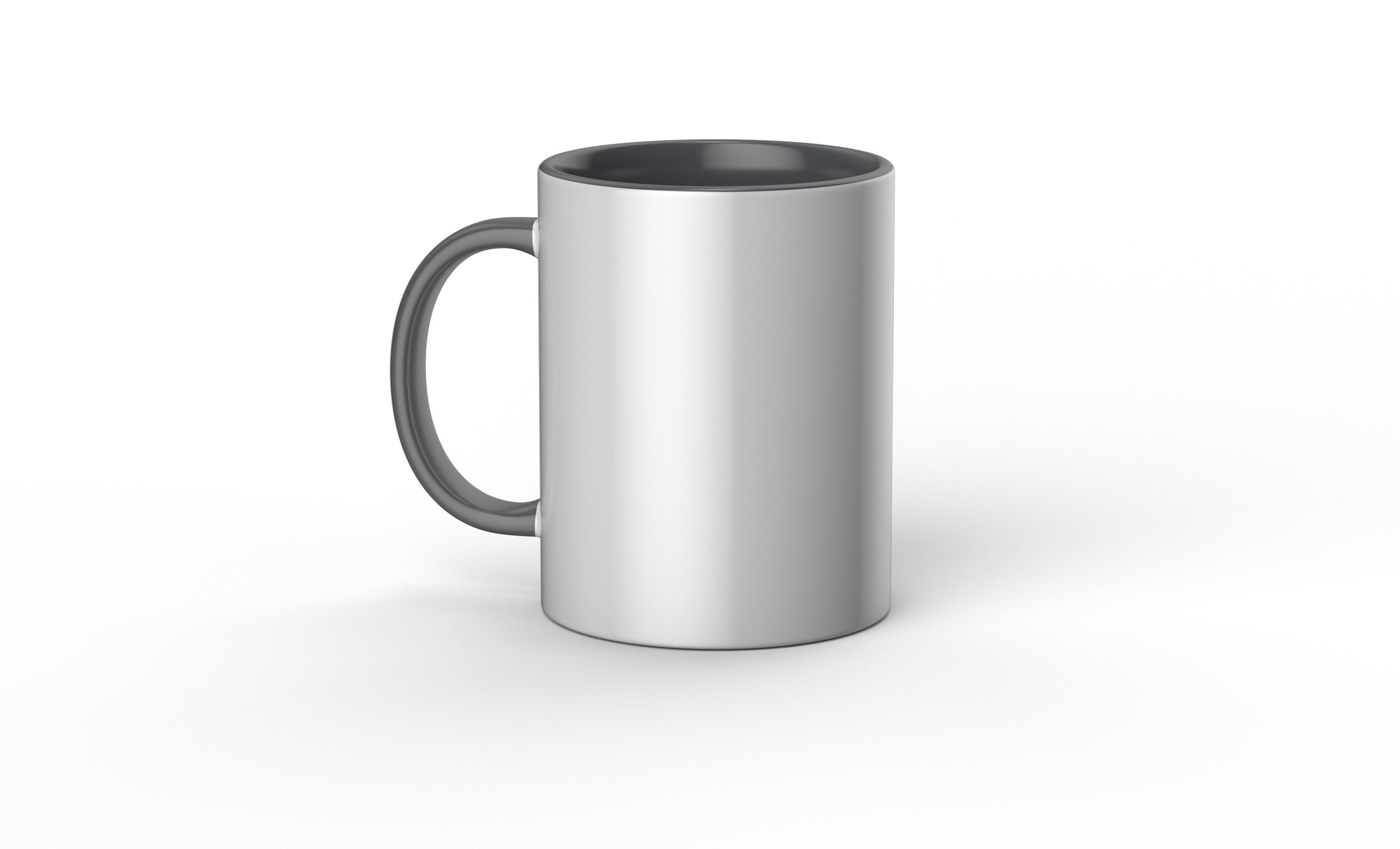 Weißer Becher mit grauem Griff und Innenraum, steht auf weißer Oberfläche.