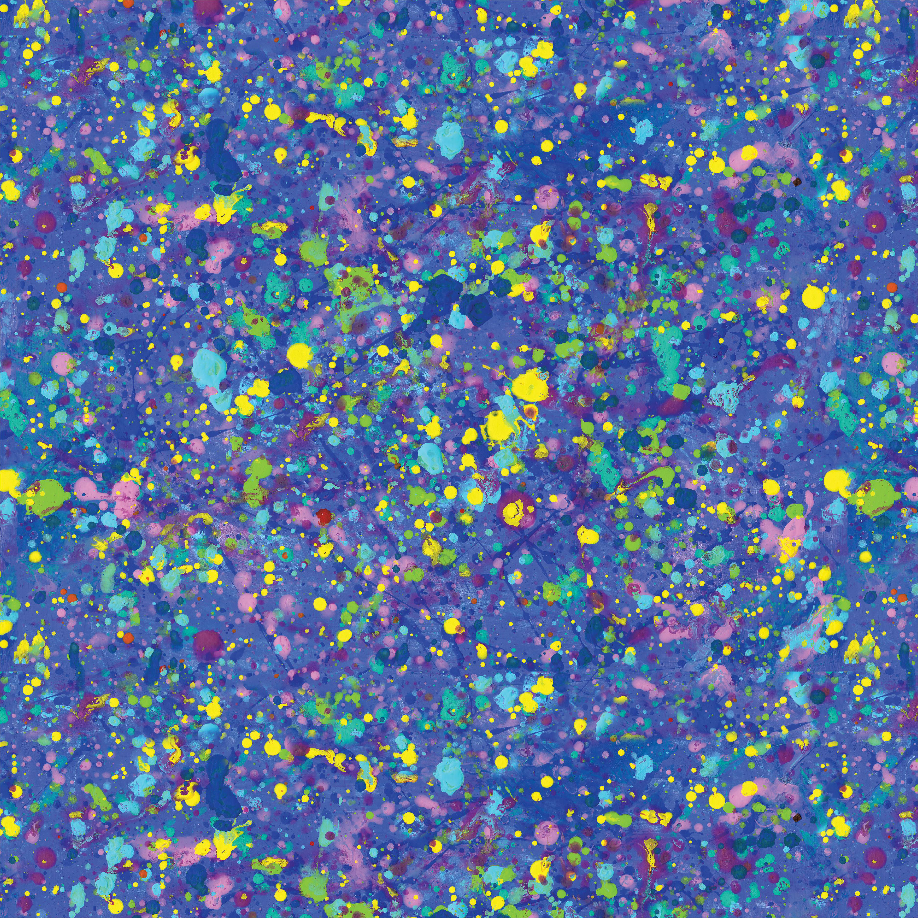 Abstrakte Kunst mit bunten Farbspritzern auf blauem Hintergrund.