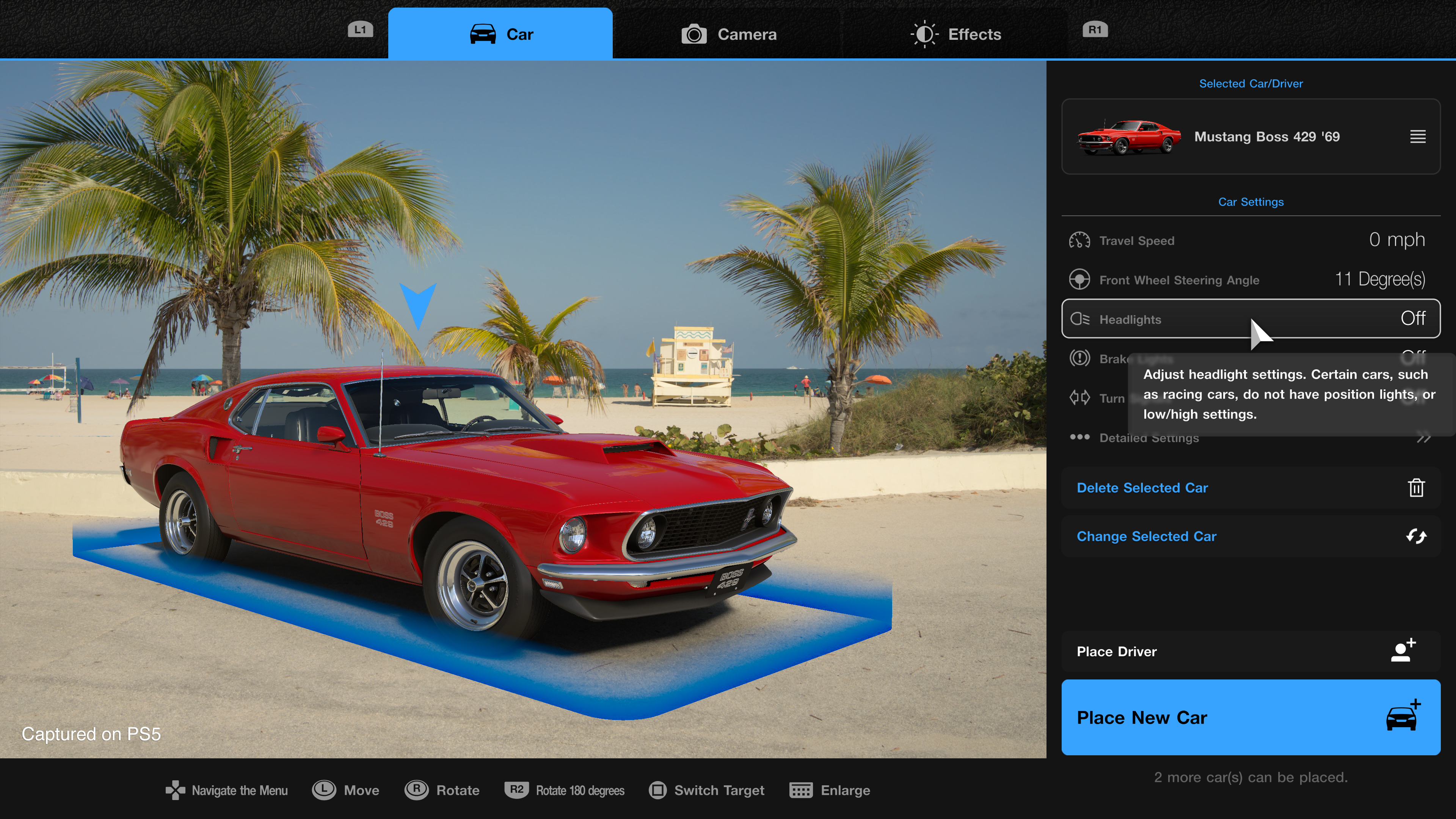 Screenshot of a car customization game with a red Mustang Boss 429.