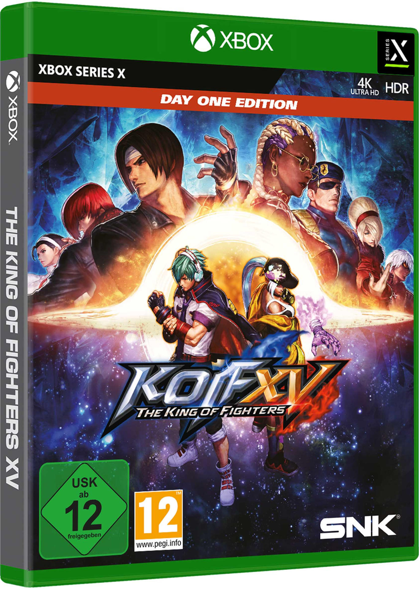 Box-Art von 'The King of Fighters XV' Videospiel für Xbox Series X, lebhafte Grafik.