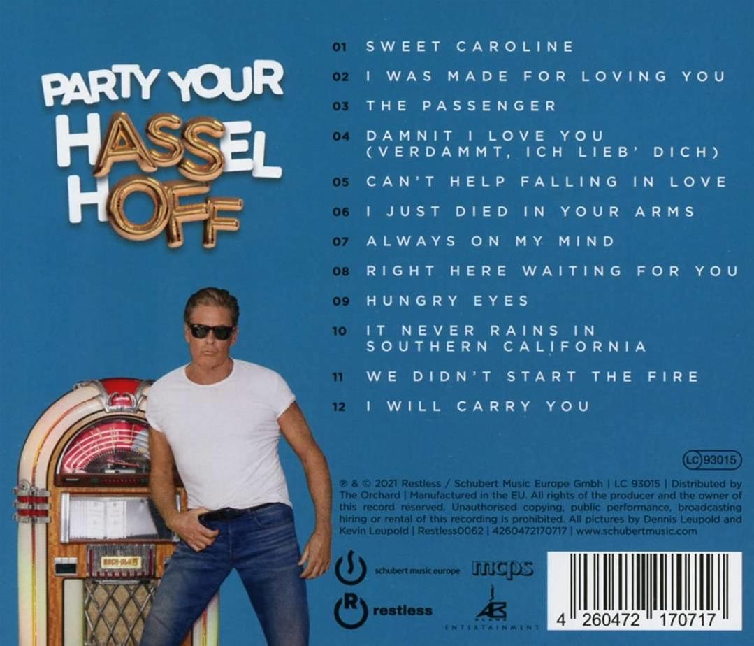 Albumcover von David Hasselhoff mit Titelliste. Eine Retro-Jukebox ist sichtbar.