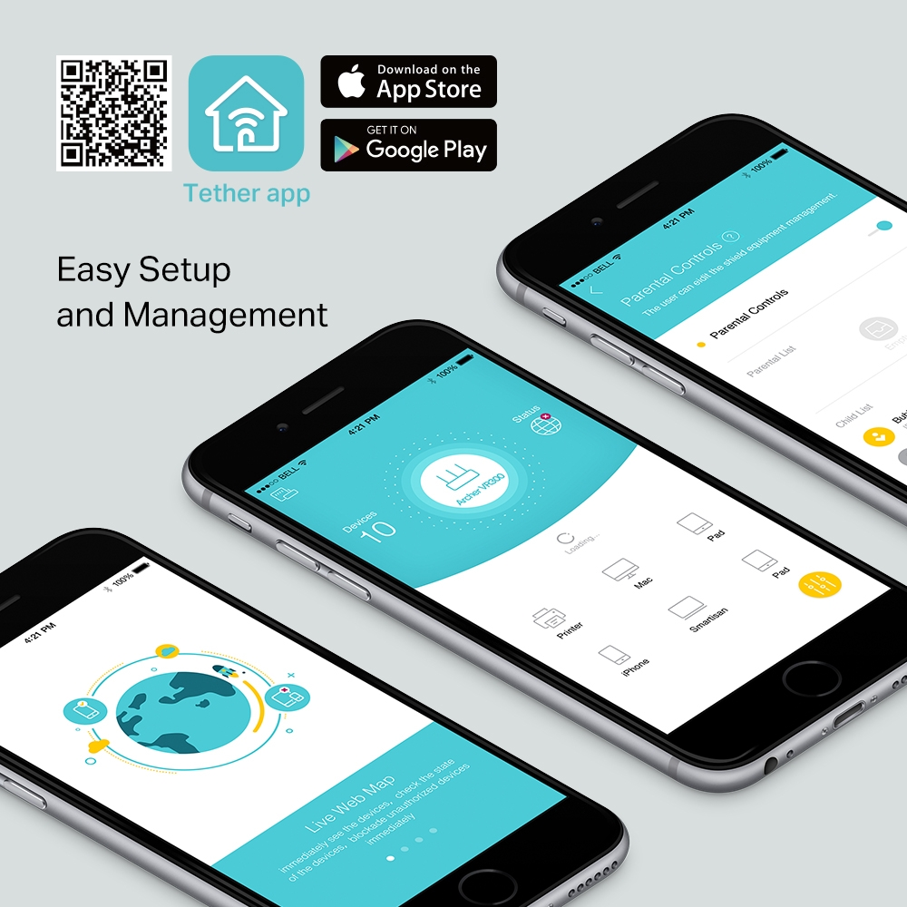 Mobil uygulama arayüzü gösteren üç telefon. Uygulama ayarları ve haritayı gösterir.