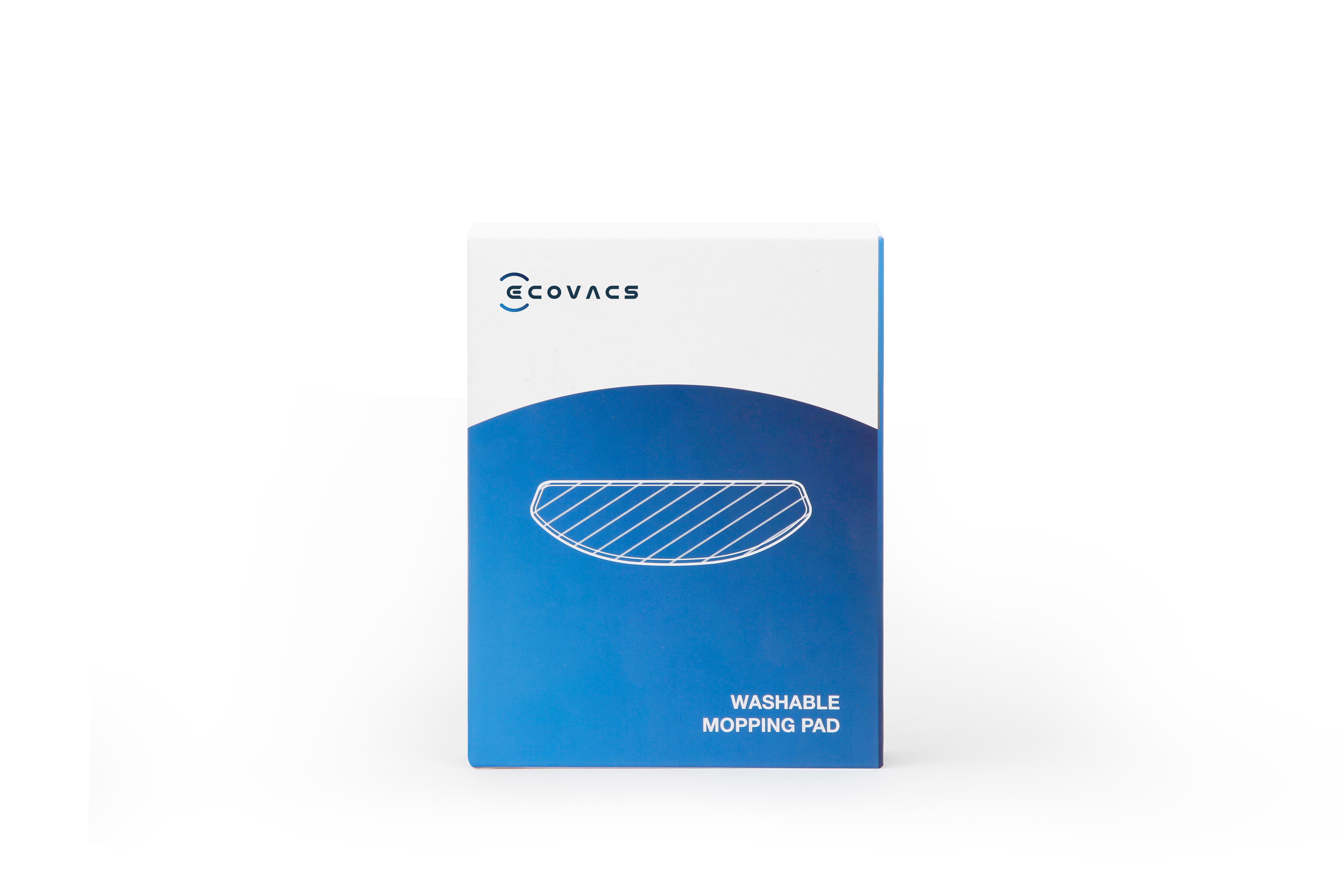 Eine weiß-blaue Box mit der Aufschrift 'ECOVACS WASHABLE MOPPING PAD' auf weißem Hintergrund.