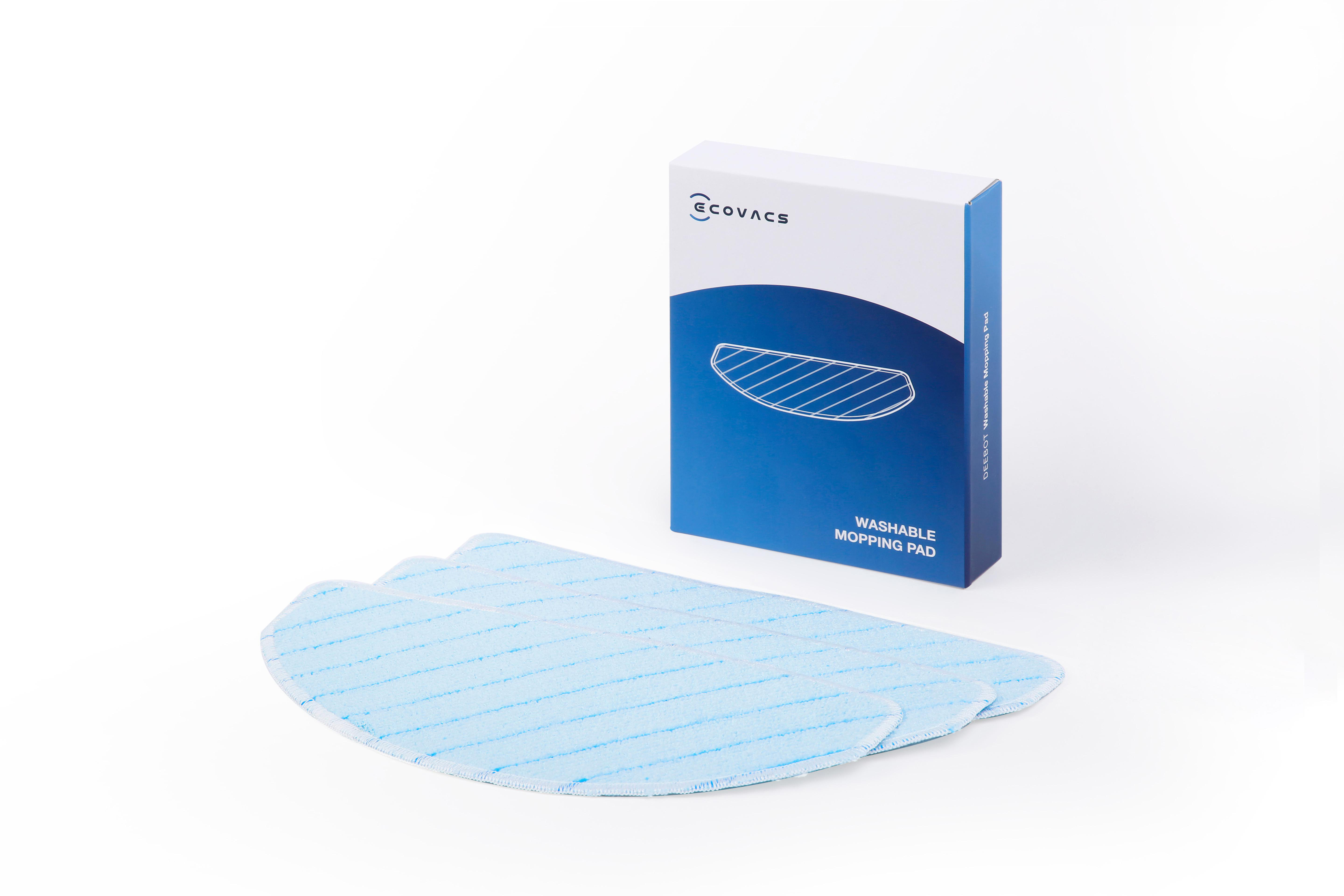 Weiße Box und blaue, waschbare Wischmopp-Pads. Pads auf weißer Oberfläche, Box blau.