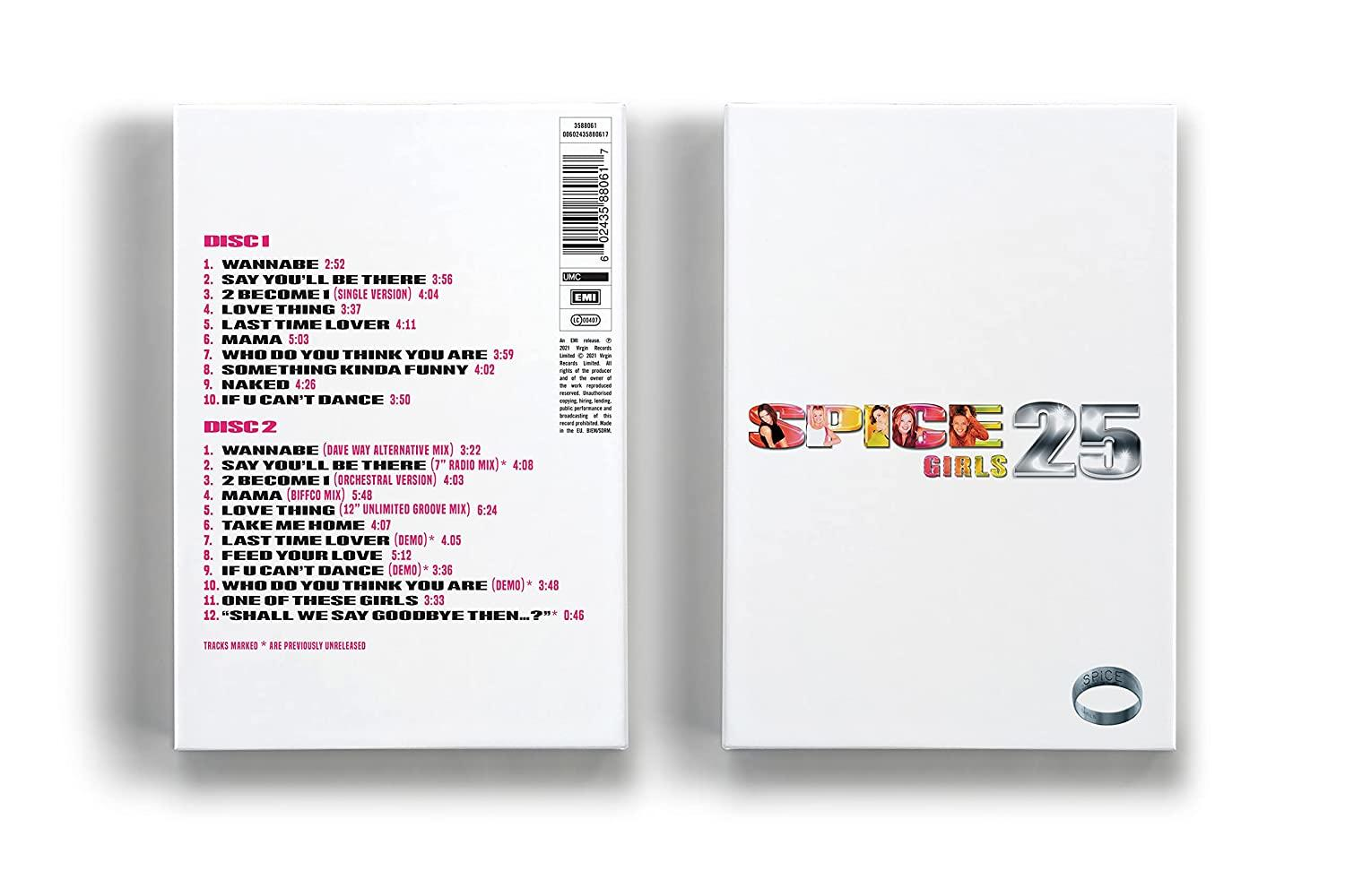 Spice Girls 25 Albumcover, mit zwei CD-Hüllen mit Titellisten.