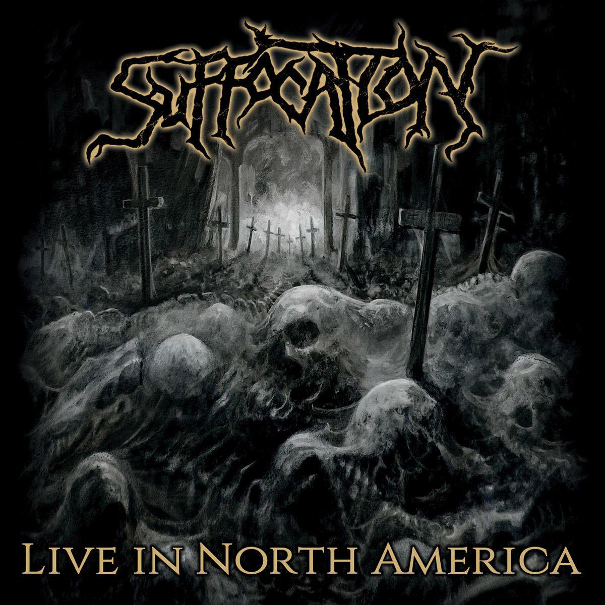 Albumcover mit dem Logo der Band Suffocation über einer Friedhofsszene.