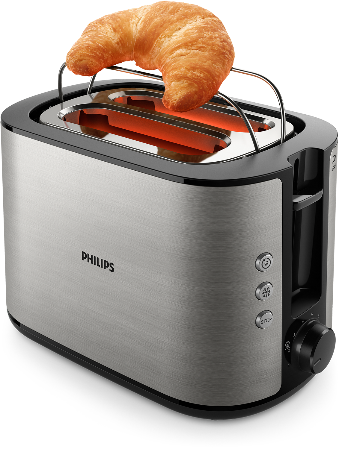 Zilveren Philips broodrooster met een croissant erop. De verwarmingselementen gloeien.