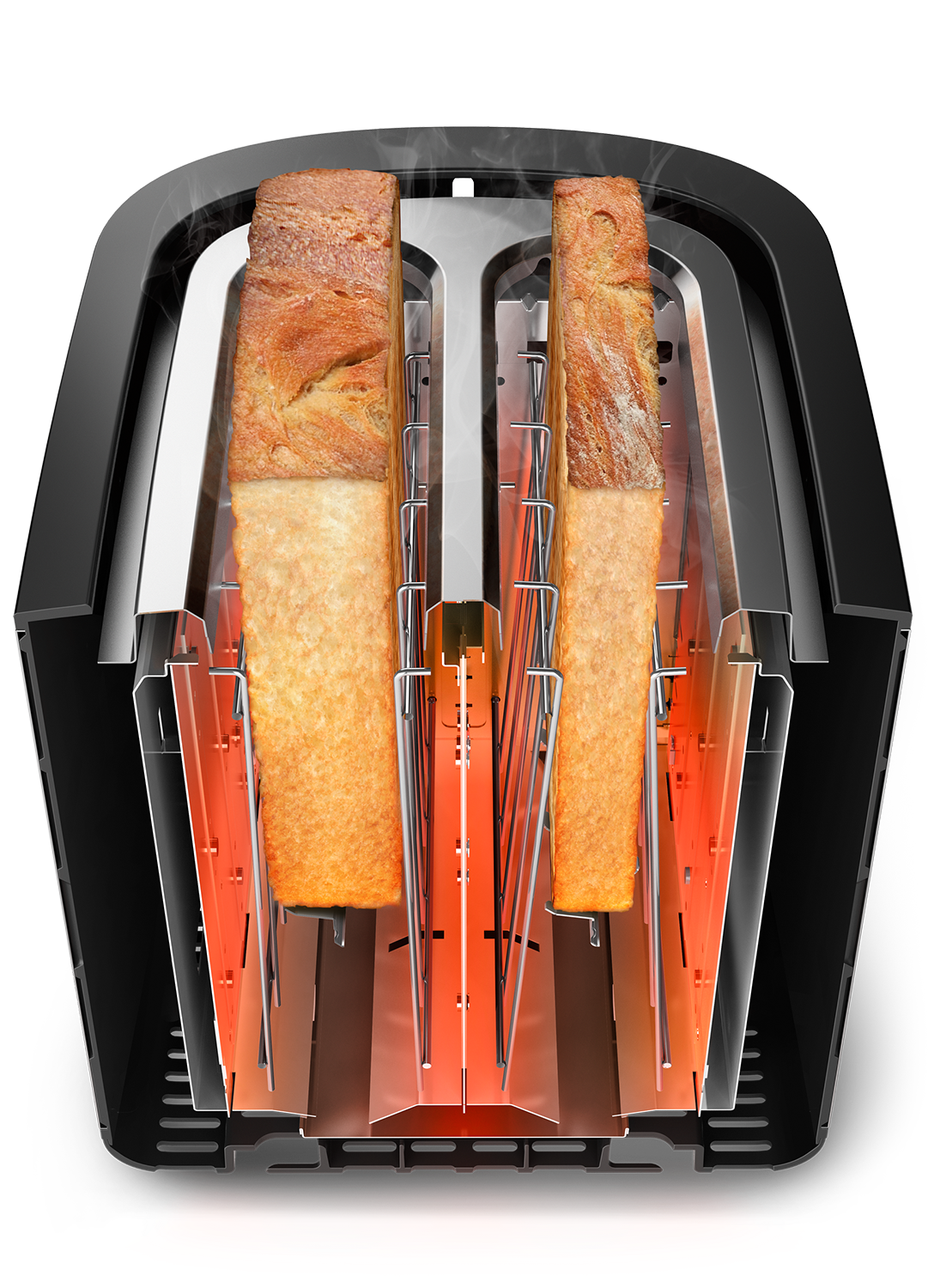 In een broodrooster met twee sneetjes brood zijn verwarmingselementen zichtbaar. De broodrooster is zwart.