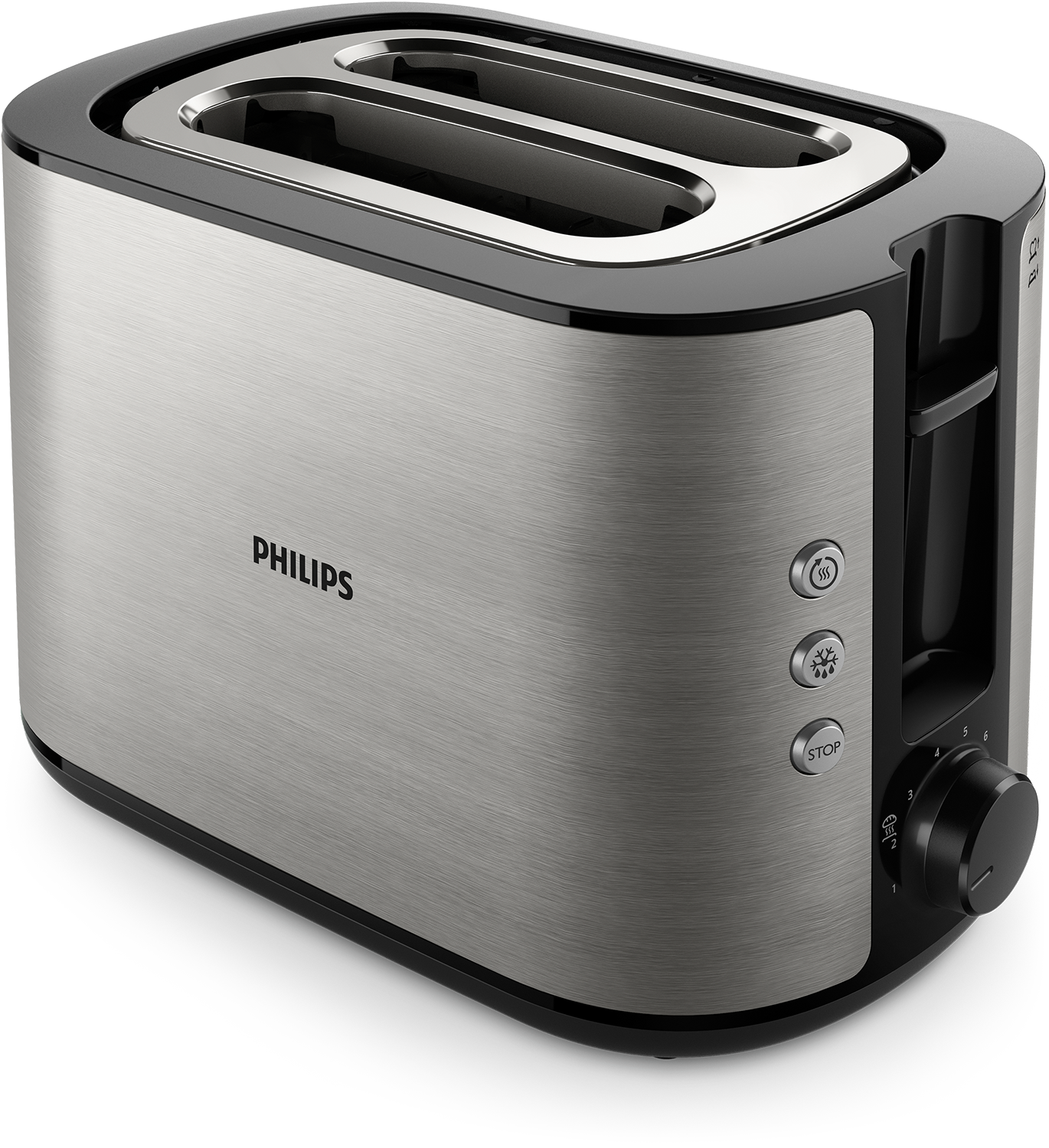 Een zilveren Philips broodrooster met een zwarte bovenkant, bedieningspaneel en knop op een donkere ondergrond.