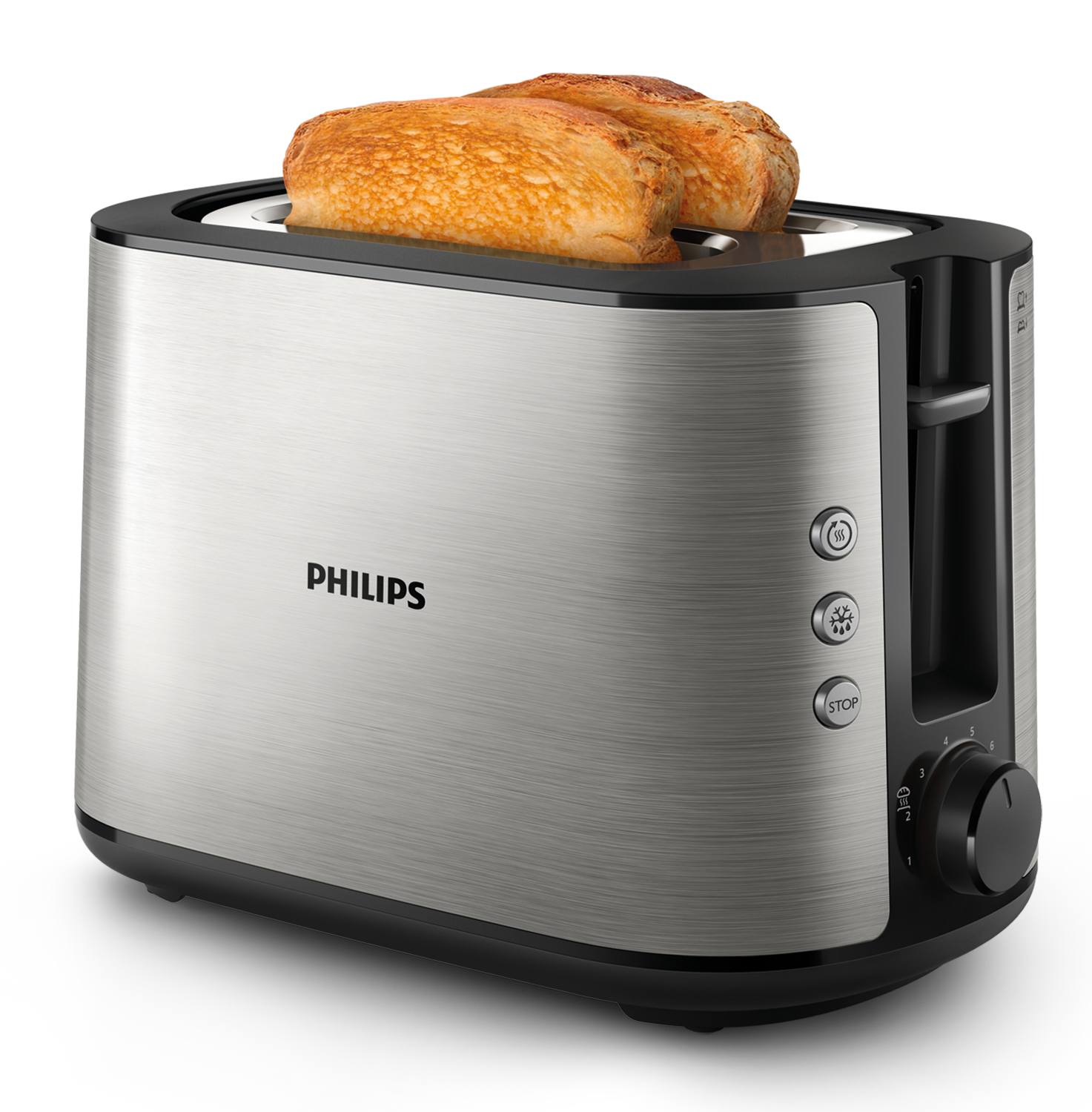 Zilveren broodrooster met toast erin, knoppen en een zwarte basis.