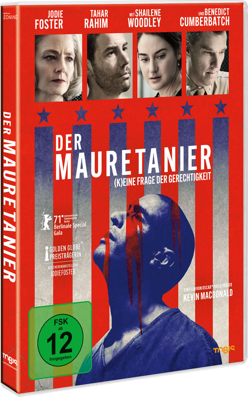 Filmcover mit den Gesichtern der Schauspieler, dem Titel 'Der Mauretanier' und der Bewertung 'FSK 12'.
