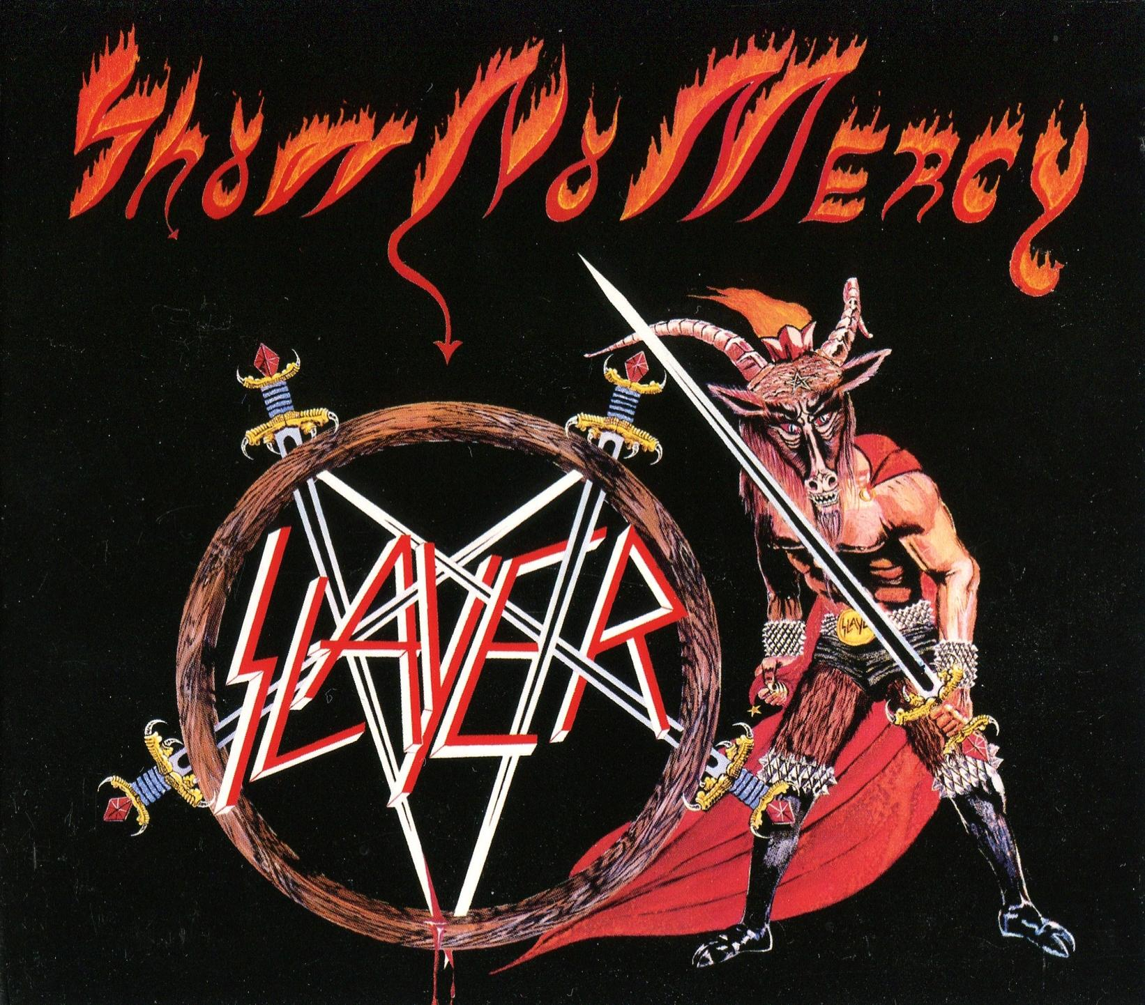 Albumcover: Slayer-Logo in einem Pentagramm, Dämon mit Schwert, Flammen und Titel
