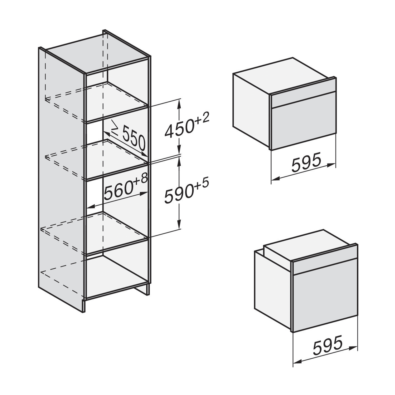 Diagramma con dimensioni per armadio a incasso. Mostra altezza, larghezza e profondità. Testo in tedesco.