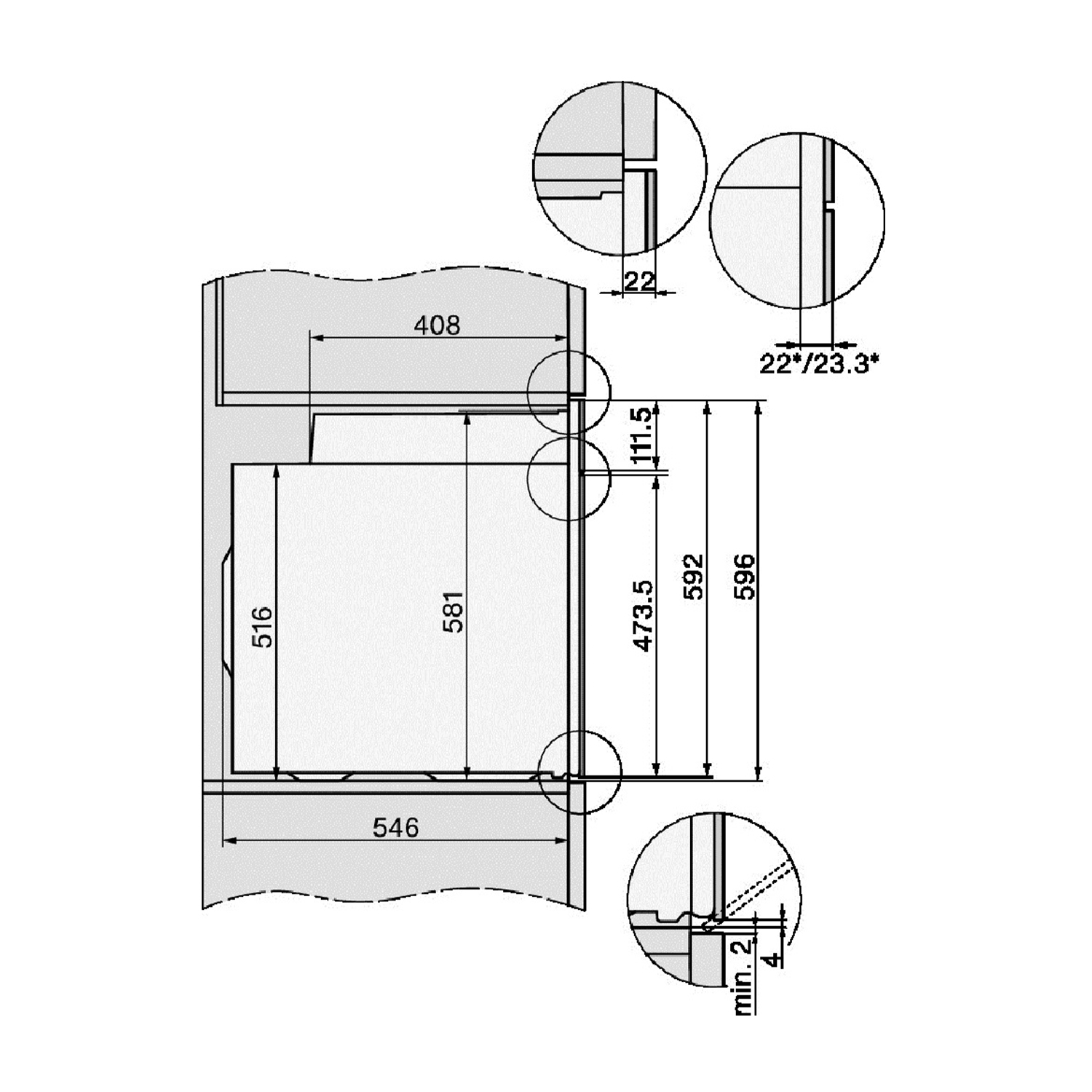 Disegno tecnico con dimensioni: 408, 546, 516, 581 e 592 mm. Dettagli circolari.