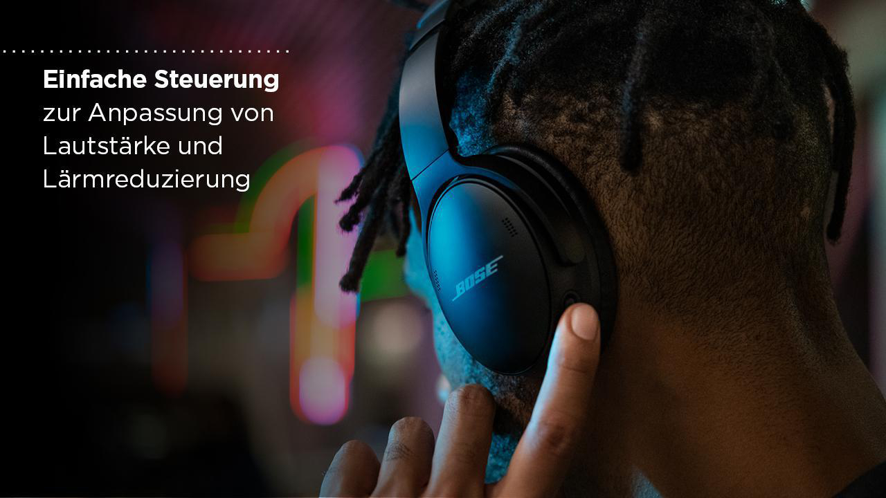 Ein Mann mit Kopfhörern, der die Seite berührt. Text auf Deutsch über einfache Lautstärke- und Geräuschkontrolle.