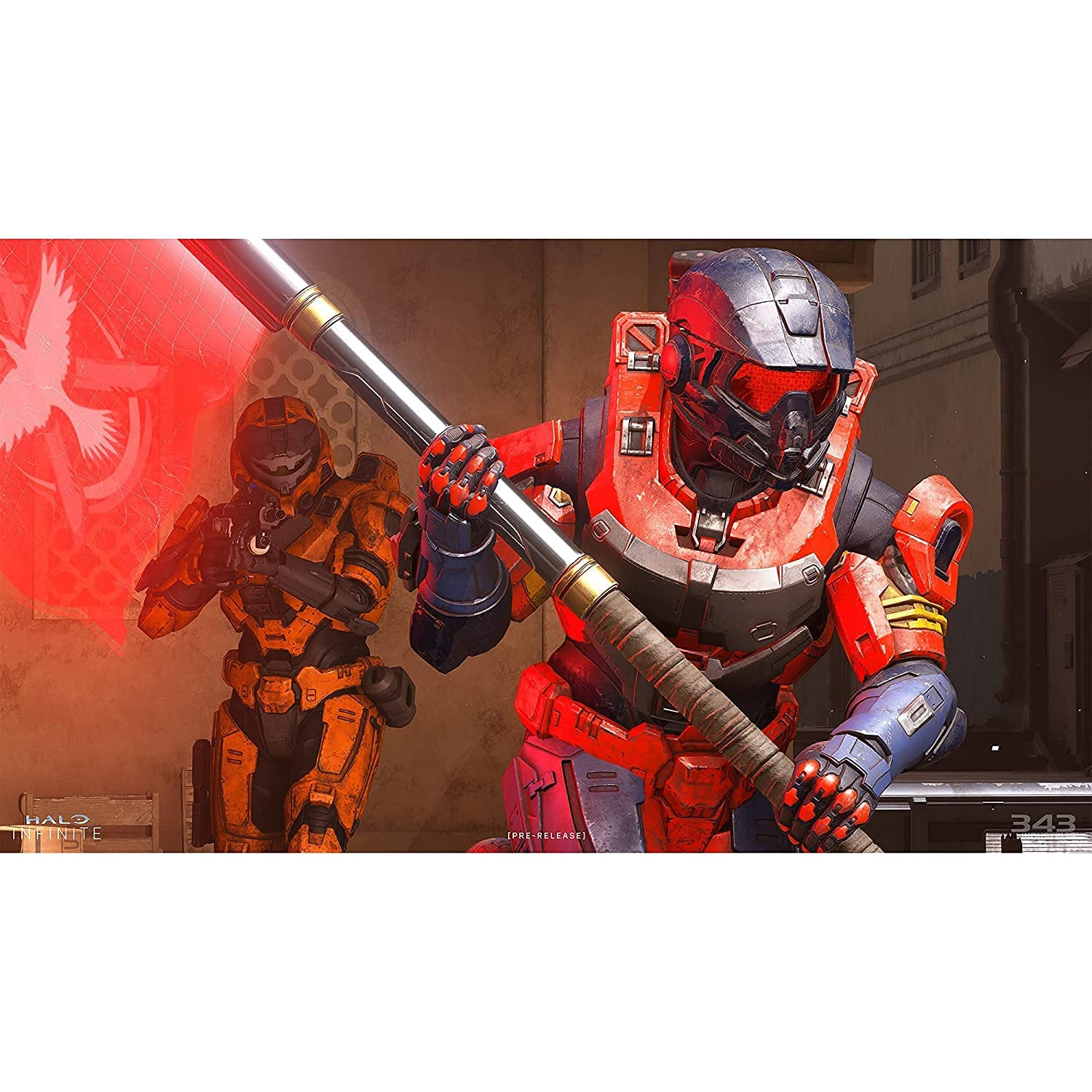 Dos figuras con trajes de ciencia ficción sosteniendo un arma en un entorno futurista, tonos rojos y naranjas.