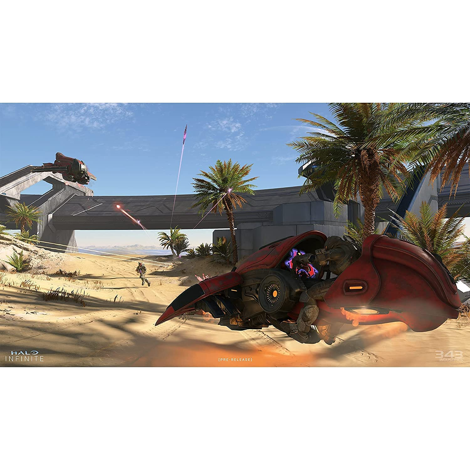 Una escena de Halo Infinite con un vehículo rojo. Palmeras y cielo azul al fondo.