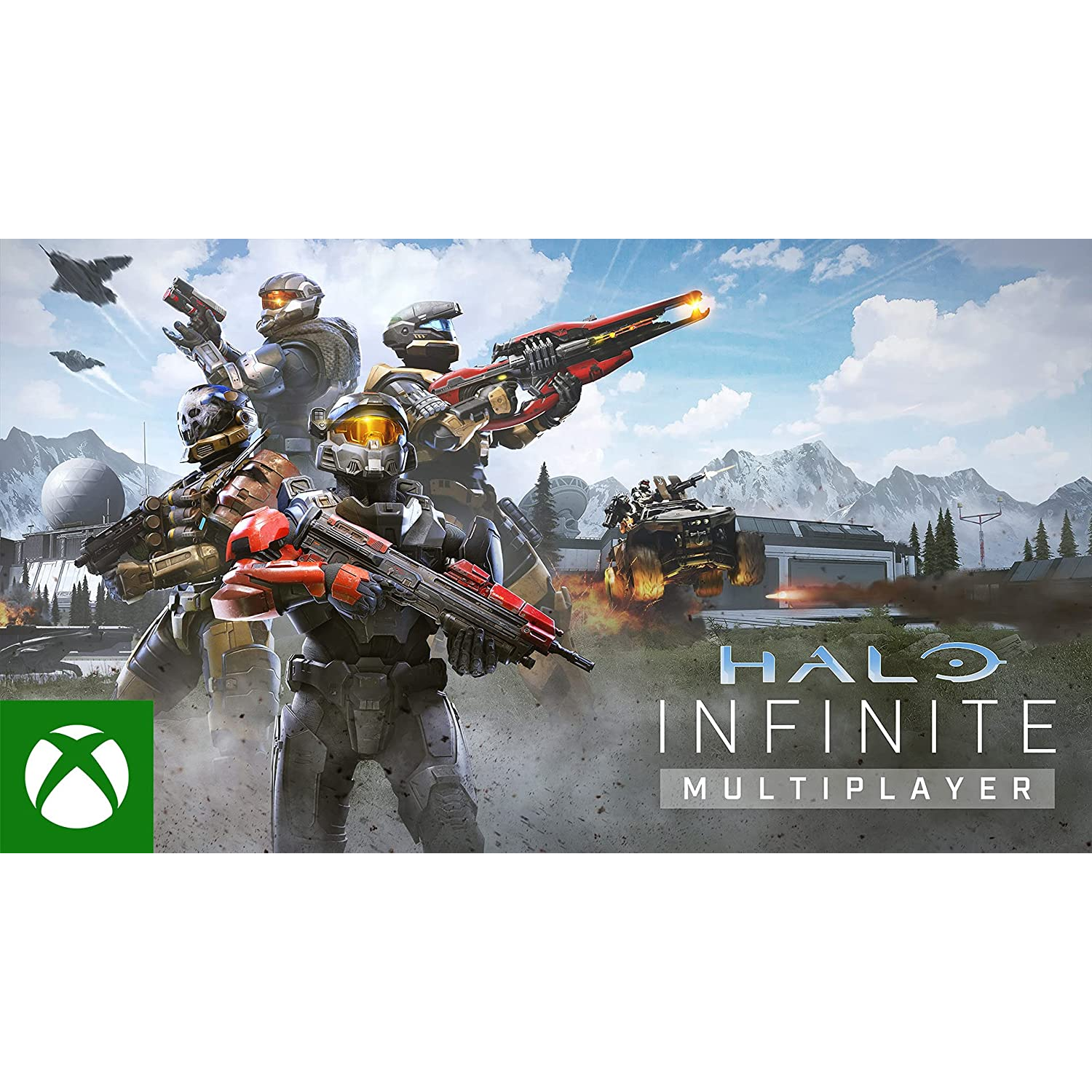 Imagen de la portada del juego Halo Infinite Multiplayer con soldados y vehículos.