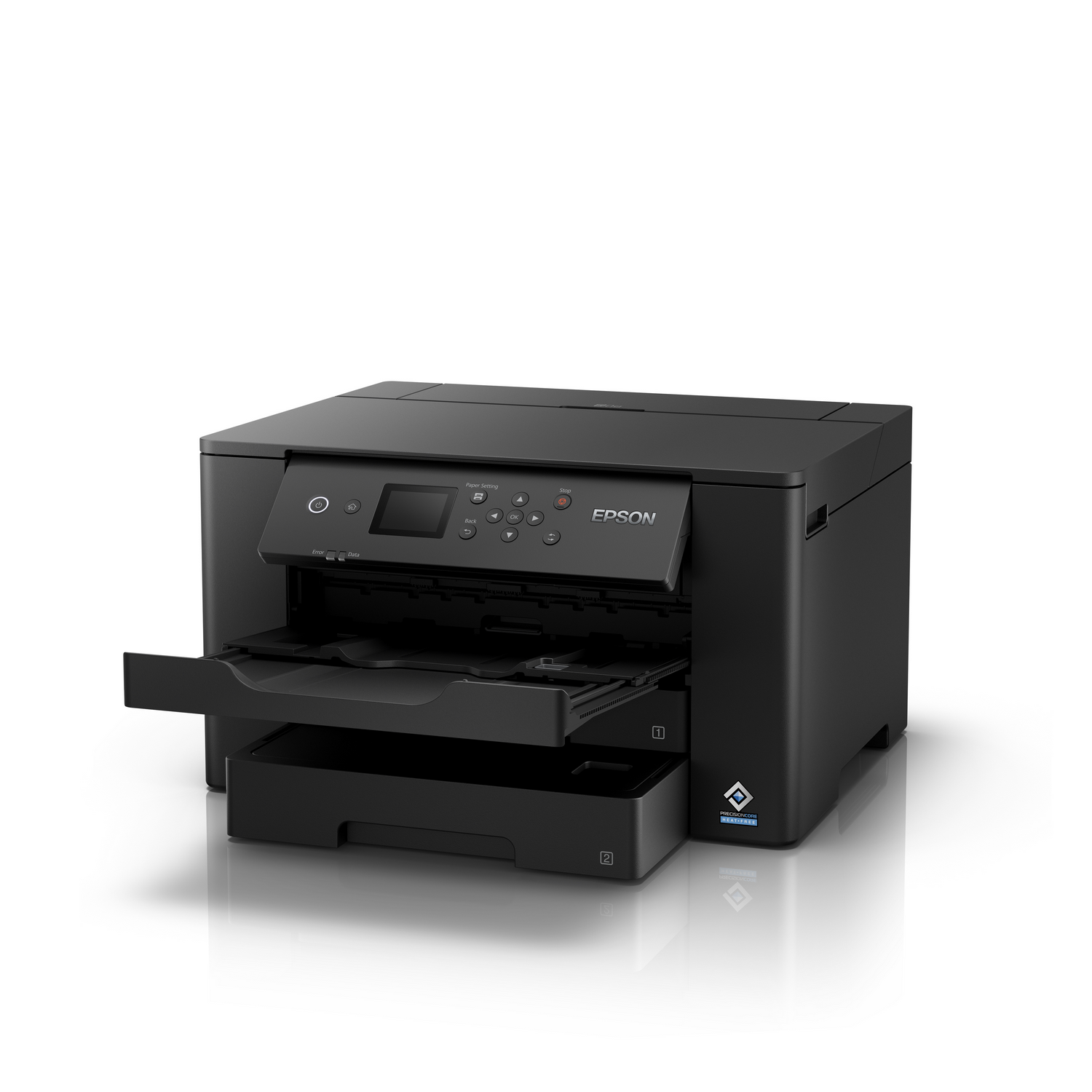 Impresora Epson negra. Bandeja de papel abierta. Fondo blanco y logotipo en la parte superior.