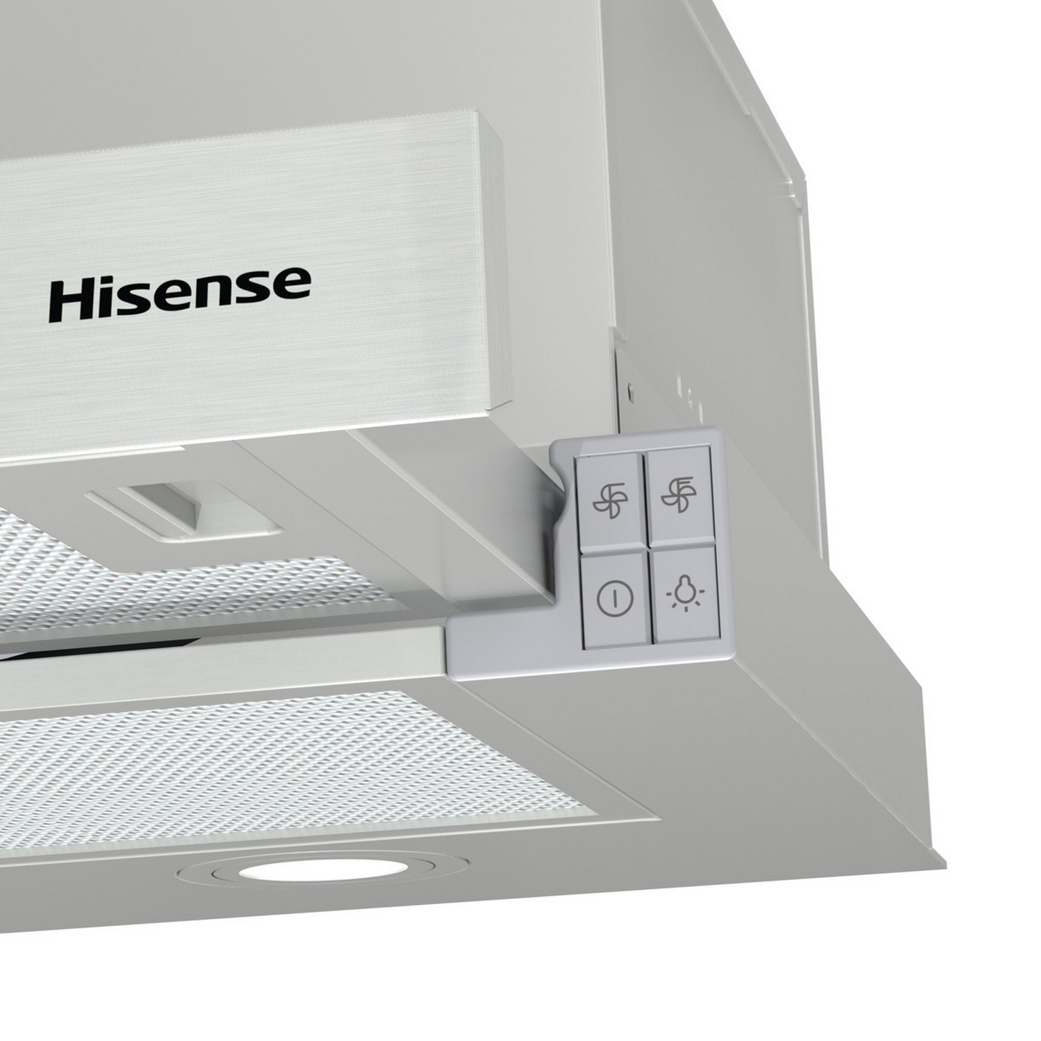 Primer plano de campana extractora Hisense blanca. Muestra botones y luz. Acabado blanco.