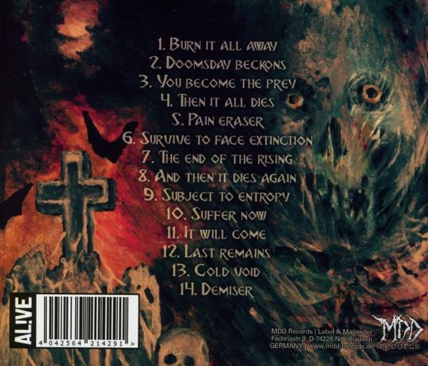 CD-Cover. Trackliste, darunter 'Burn It All Away' und 'Demiser'.