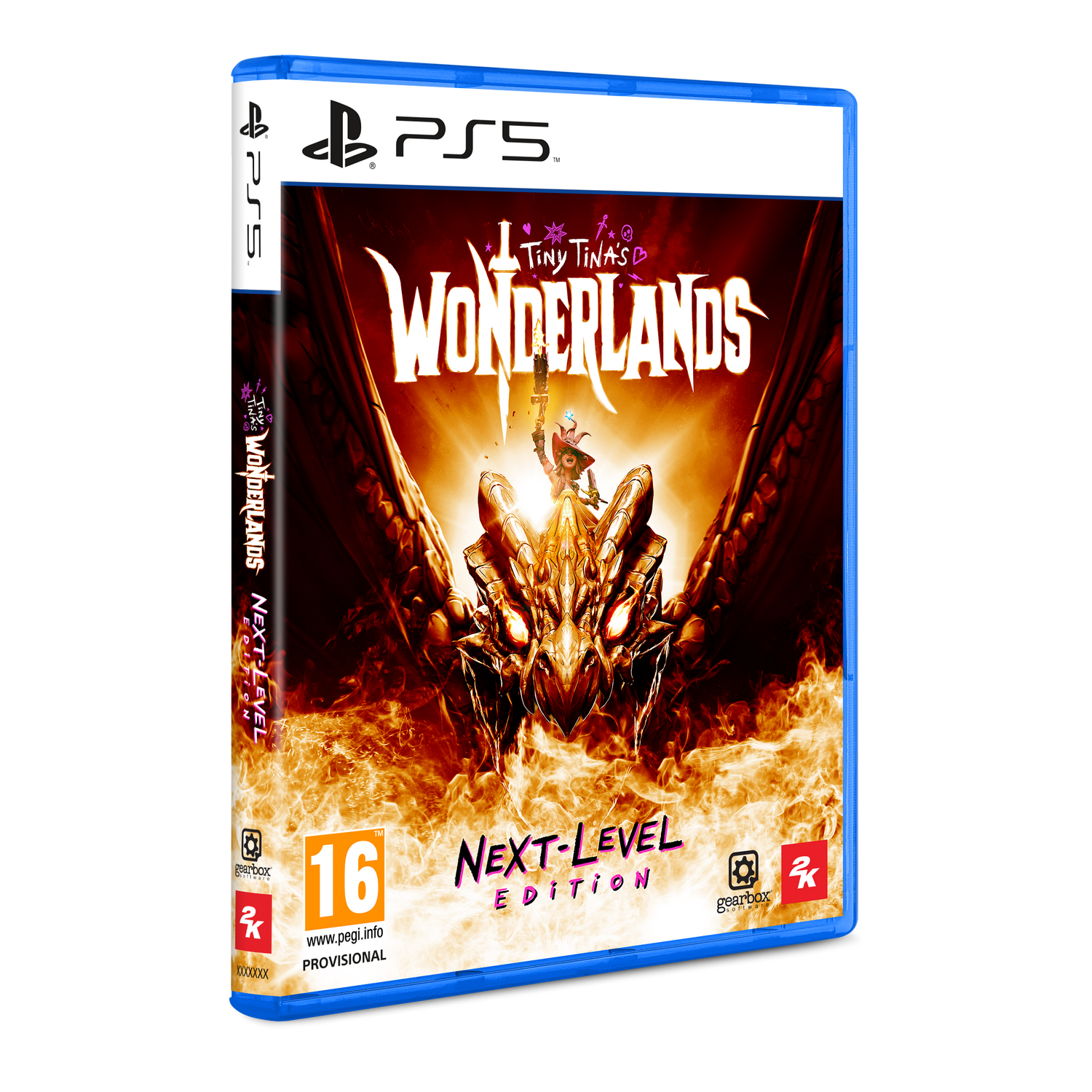 Caja de juego de PS5 para Tiny Tina's Wonderlands. Presenta un dragón y arte de personajes sobre fondo de fuego.