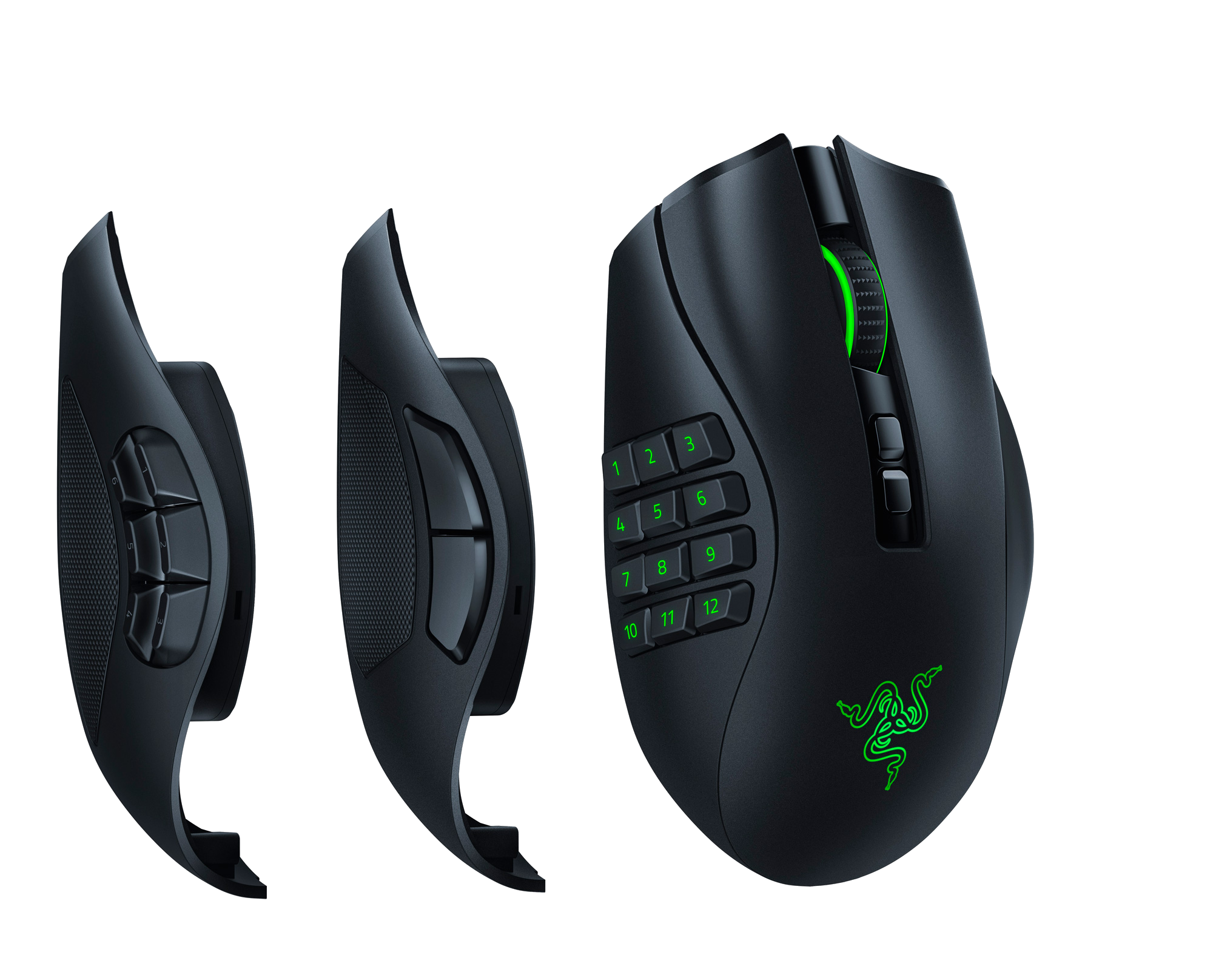 Siyah oyun faresi, çıkarılabilir parçalar ve yeşil Razer logosu ile.