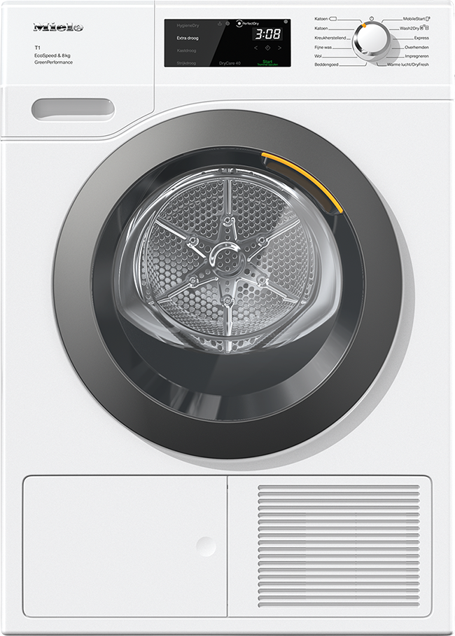Witte Miele T1 droger. Vooraanzicht. Ronde deur, digitaal display en knoppen.