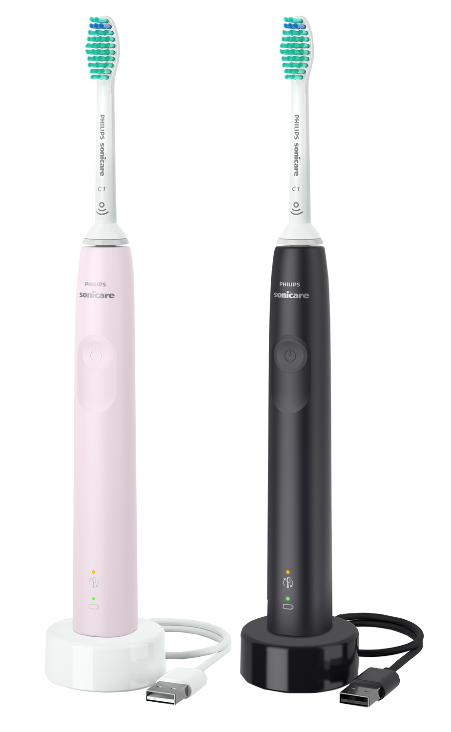 Twee Philips Sonicare elektrische tandenborstels, roze en zwart, op opladers.