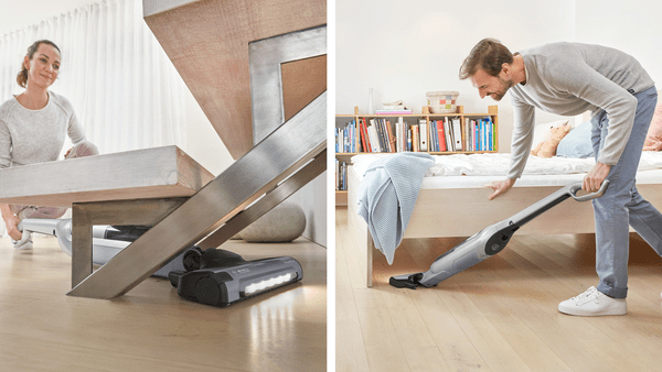 Zwei Bilder: Frau mit Staubsauger und Treppe, Mann saugt unter dem Bett. Hartholzböden.