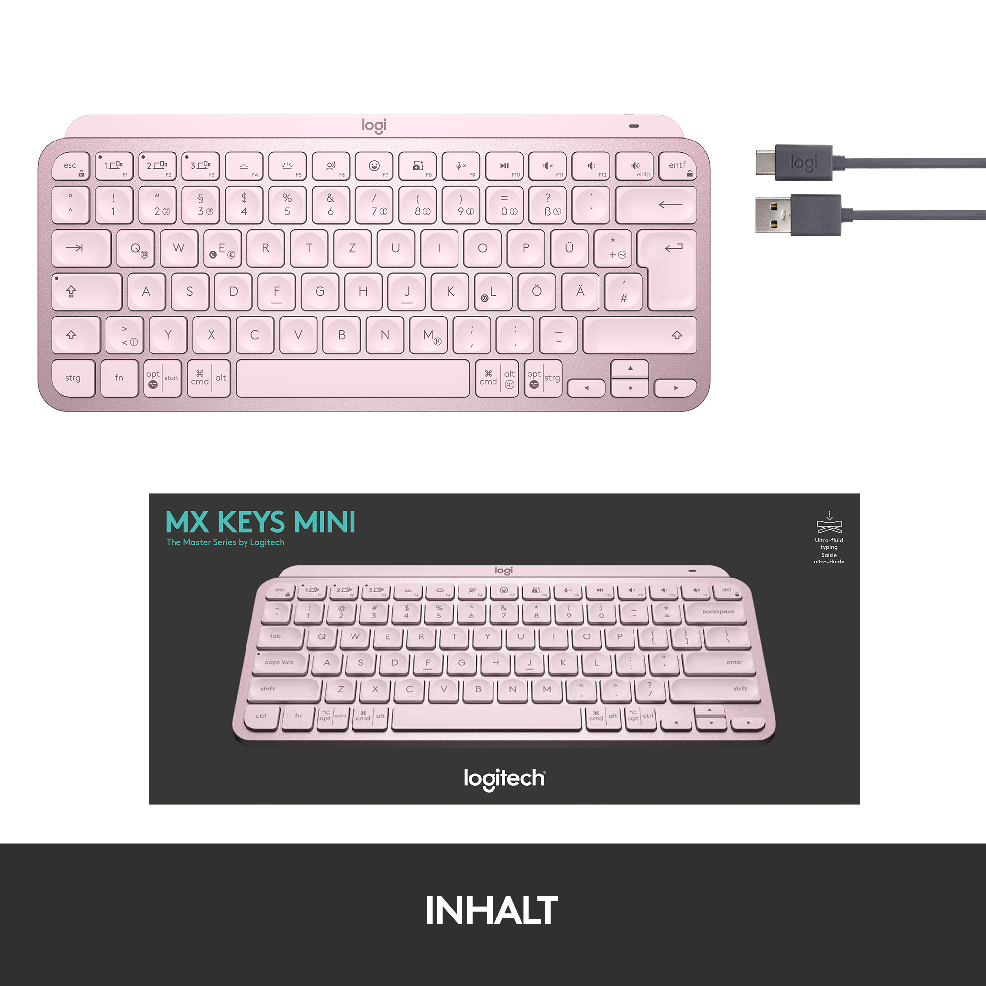Rosa Logitech MX Keys Mini Tastatur mit Ladekabel und Verpackung.